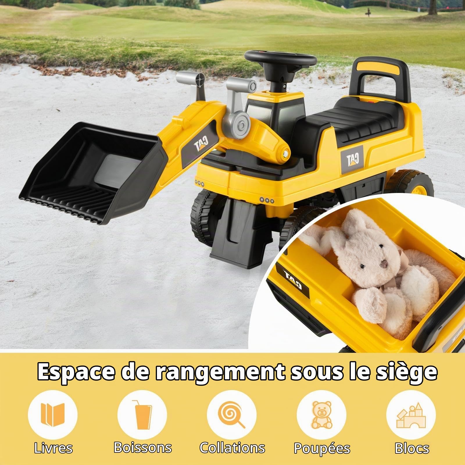 SOARS Porteur Enfant de Pelleteuse, Voiture Electrique Enfants à Siège, Pelle Dirigeable, Espace de Rangement Caché, Protection Anti-Basculement, Charge Maximale 25 KG, pour Enfant 1-3 Ans (Style B)