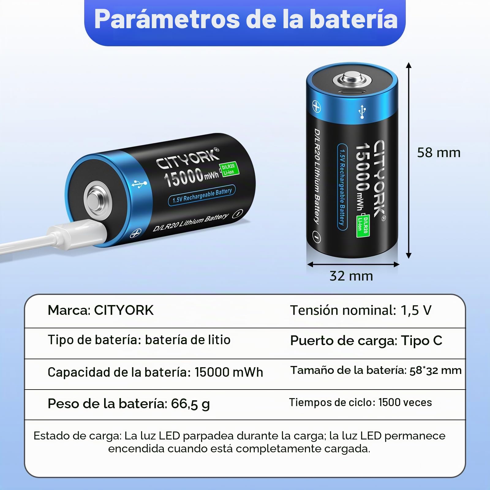 CITYORK Batería recargable USB D de 15000 mWh, 1,5 V, con cable de carga USB-C (8 unidades), batería recargable USB D de iones de litio, celdas mono D LR20, más de 1000 ciclos y reciclable – sin
