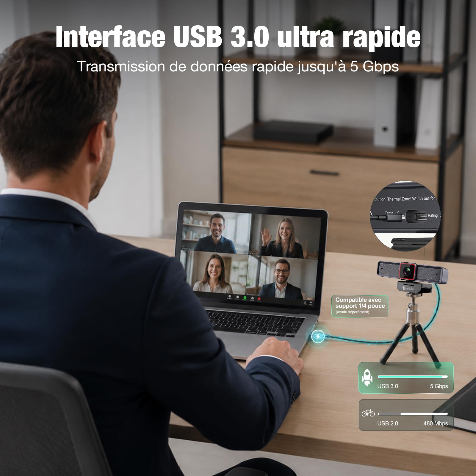 Angetube 4K Webcam avec 1/1.5" Sensor, 1080P@60FPS USB Web Camera pour PC