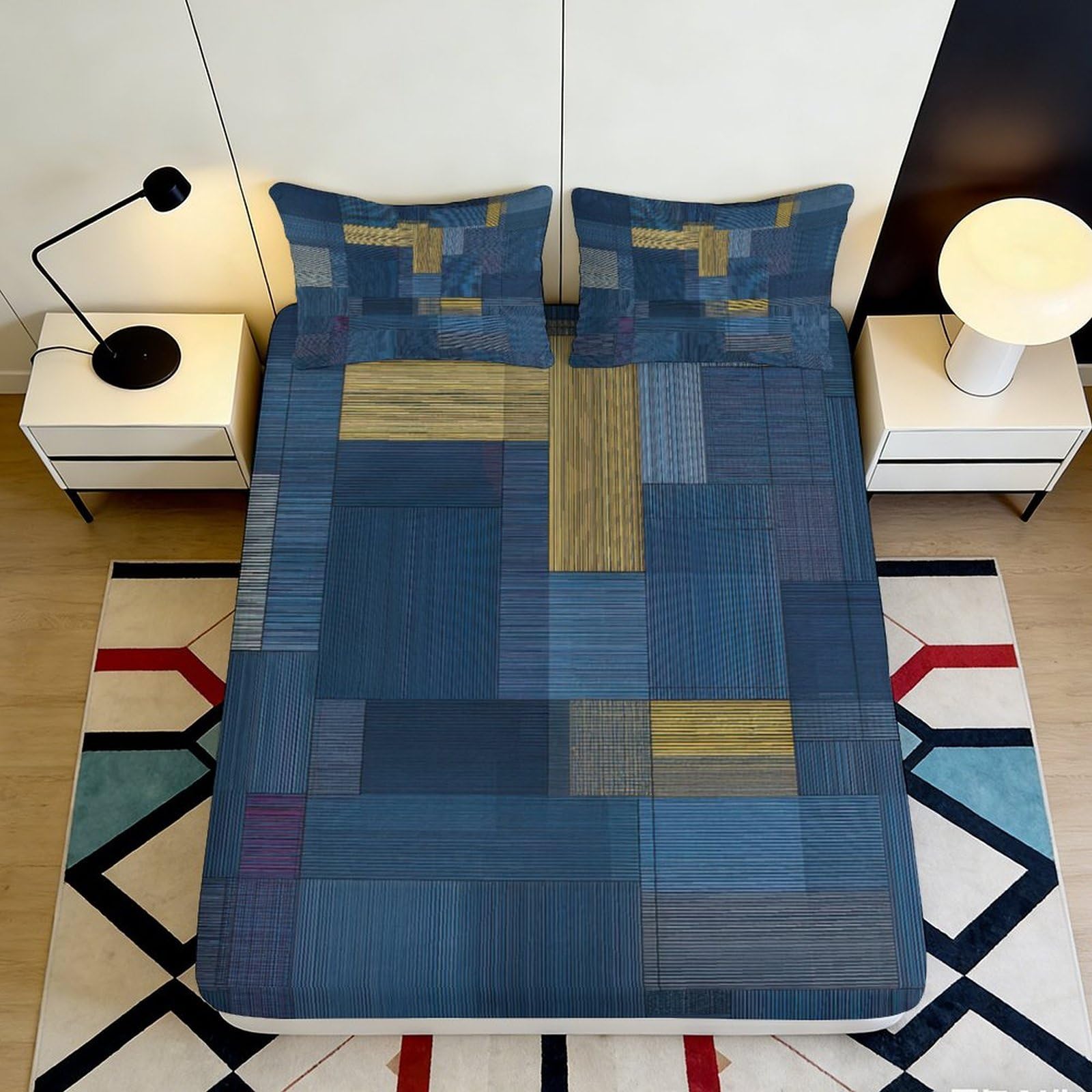 Jqzkxnhpbr Style-1 3D Printed Geometric Patchwork Fitted Sheet Microfiber Blue Yellow Modern Mattress Cover Bedroom Decor 90X200x25cm