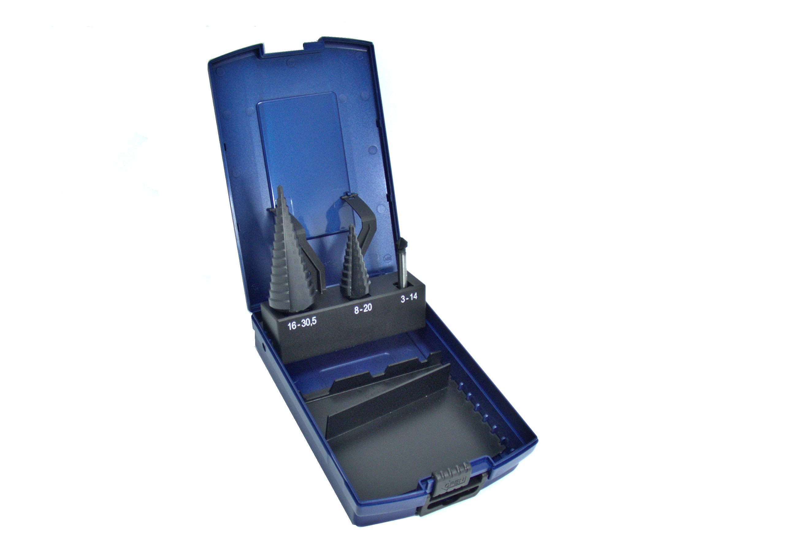 Set di 3 punte a gradini HSS-G, con rivestimento in TiAlN, 6-30 mm + 6-20 mm, con svasatore conico da 8,3 mm, in scatola Rosebox