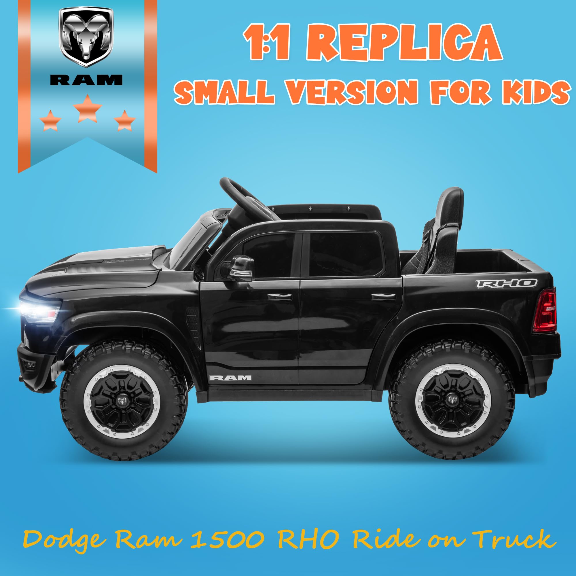 ENYOPRO Licensed Ram 1500 Ride On Truck, 12V Electric Car for Kids & Toddlers, Ride On Car with Remote Control, Key Start, Bluetooth, 2 Speeds, Working Headlights, Truck Bed Storage (Black)