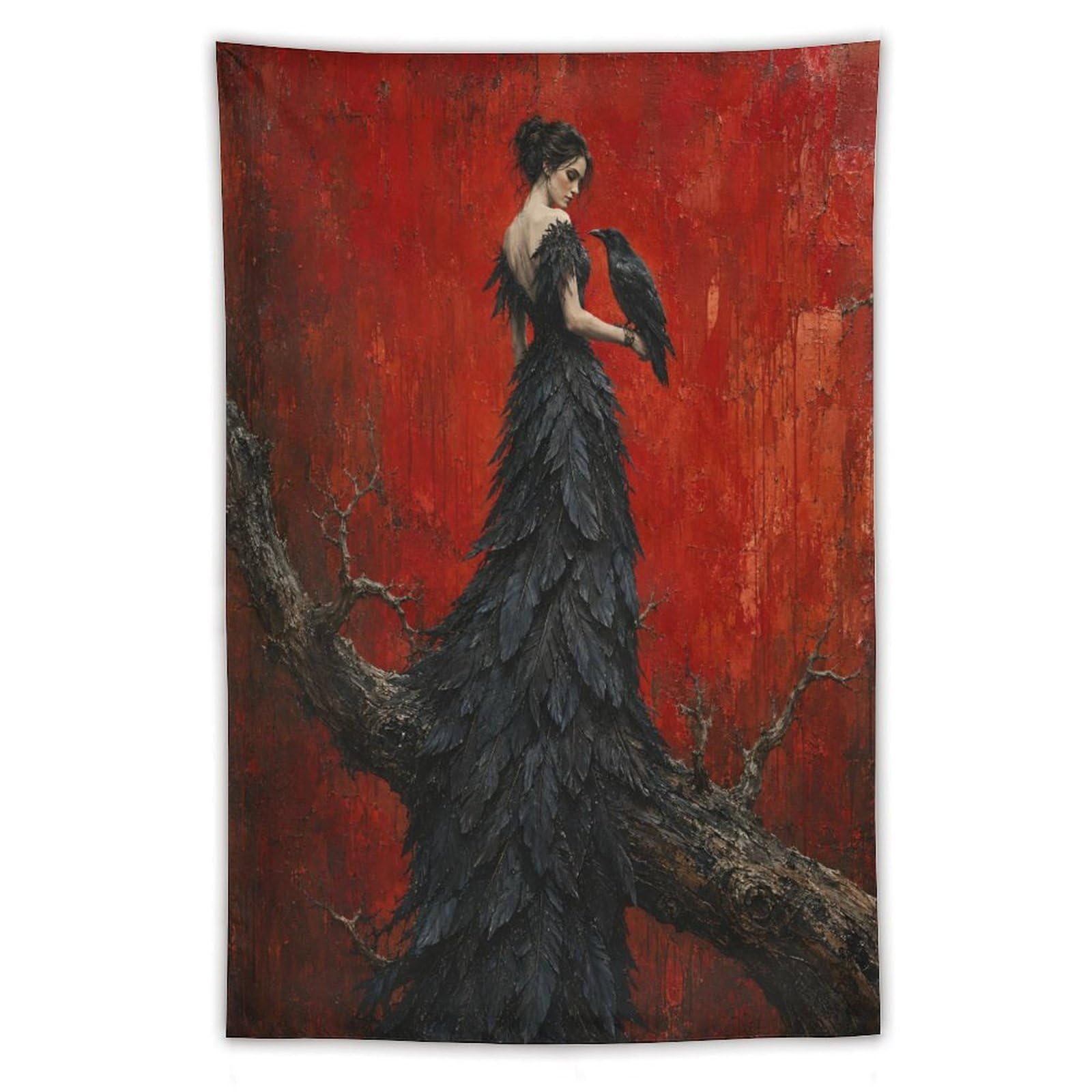 W7C8U2X3 Raven Woman with Feather Dress Wall Tapestry, Fantasy Illustration
