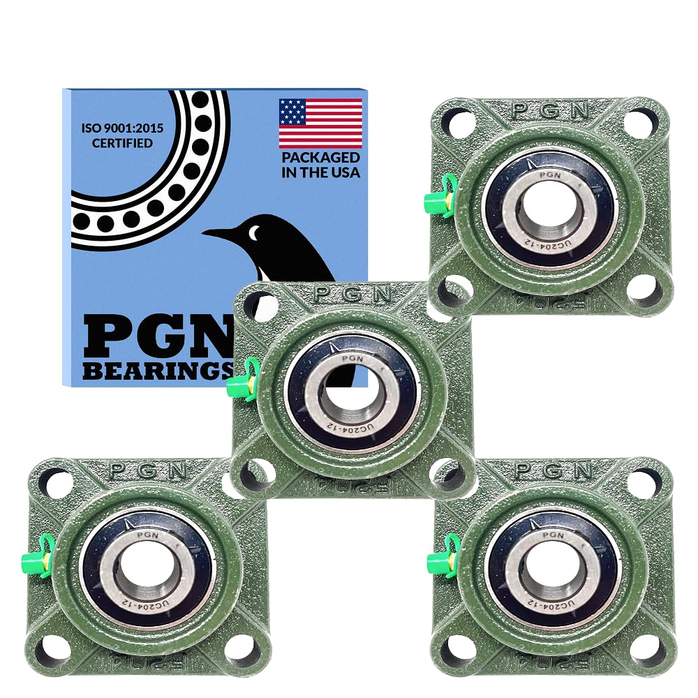 PGN UCF204-12 Pillow Block Bearing - Pack of 4 Square Flange Mounted Pillow Block Bearings - Chrome Steel Bearings with 3/4" Bore - Self Alignment