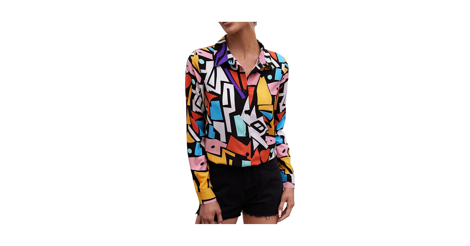 Verdusa Women's 90s Colorblock Long Sleeve Button Down