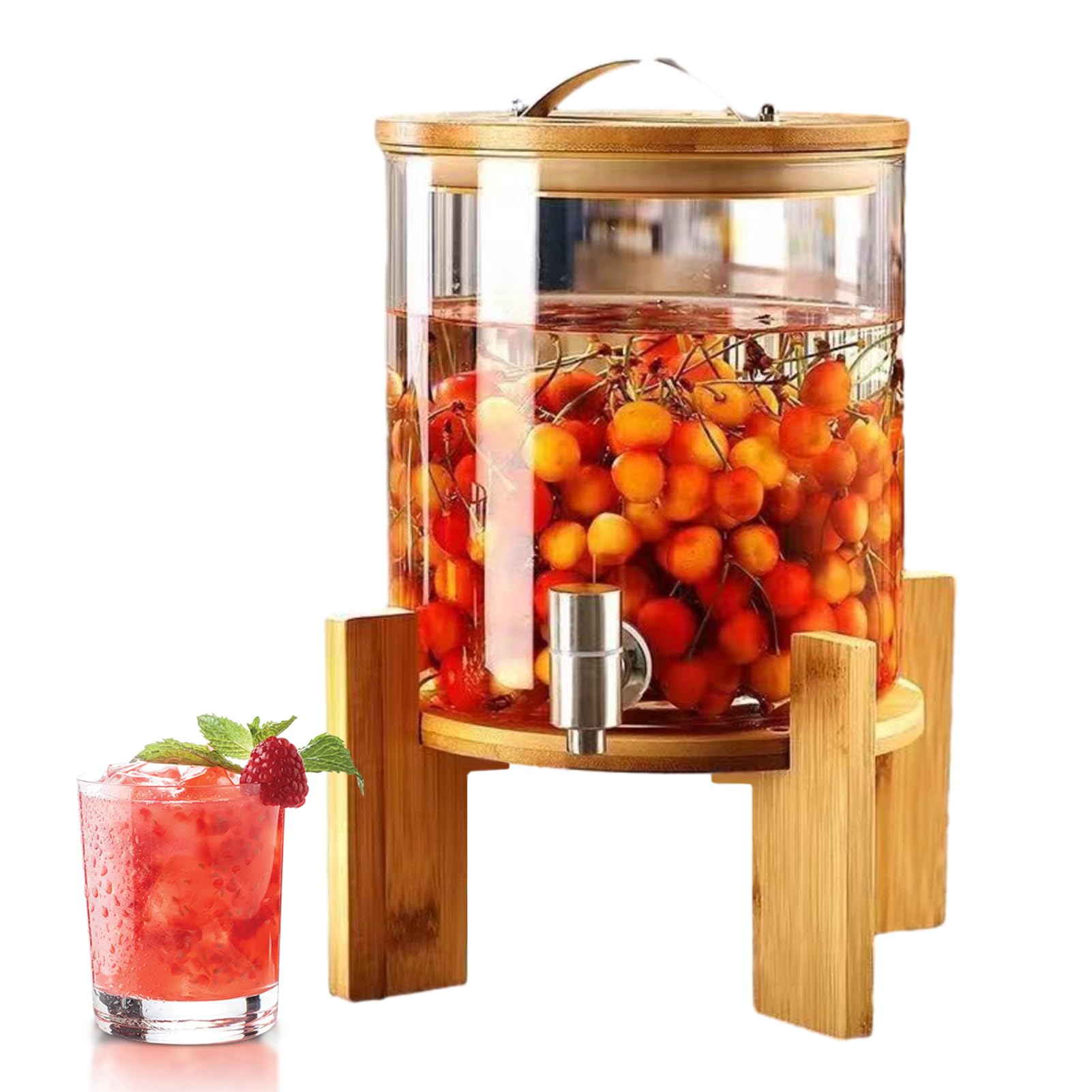 Grande dispenser per bevande in vetro con rubinetto e supporto in legno, capacità 11 l, dispenser per bevande calde e fredde per feste, bar, ristoranti