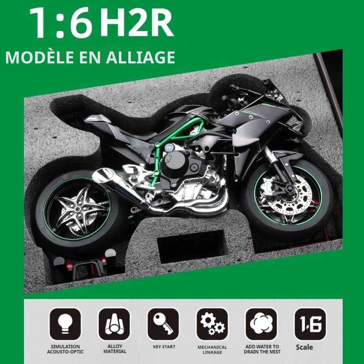 Moto H2R alliage moulé sous pression échelle 1/6 sons et lumières peinture haute brillance pneus caoutchouc collection