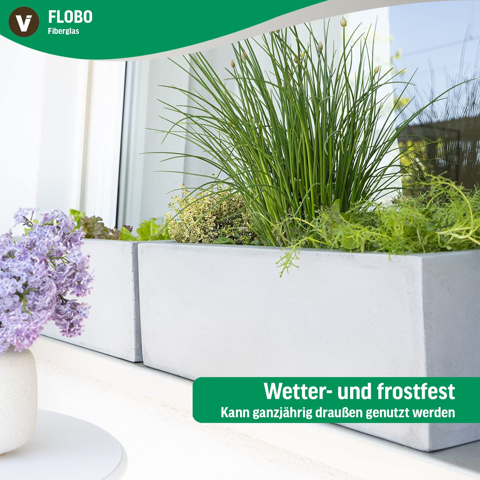 VIVANNO Blumenkasten Balkonkasten Pflanzkasten Fiberglas FLOBO Beton-Optik grau - 15x60x17 cm