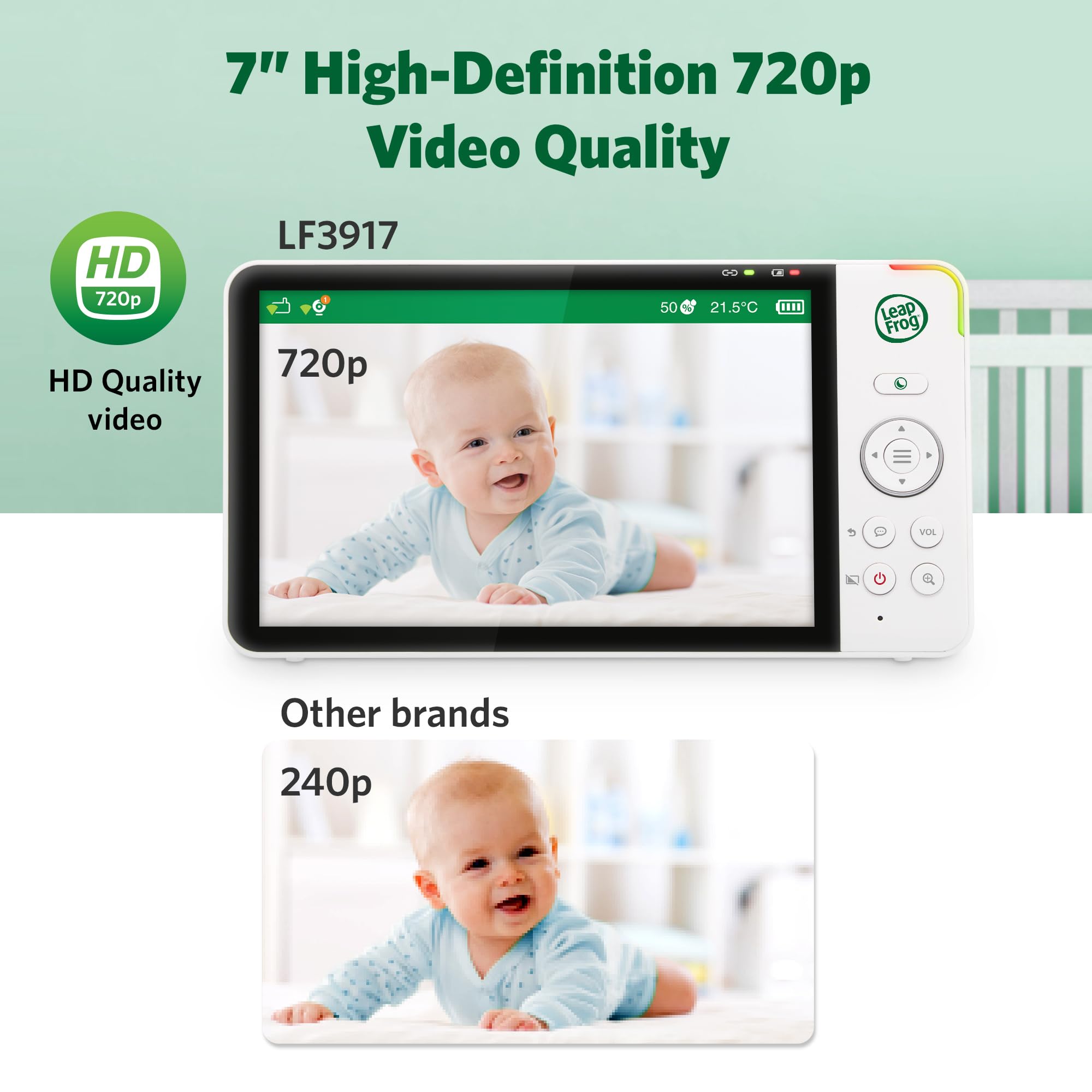 Leapfrog LF3917HD Smart WiFi Video Baby Monitor with Camera & Audio,Remote Camera Pan-Tilt-Zoom,7" HD 720p Display,110 Wide-angle view,Color Night Vision,Adaptive Touch Color Night Light,Two way talk - Image 3