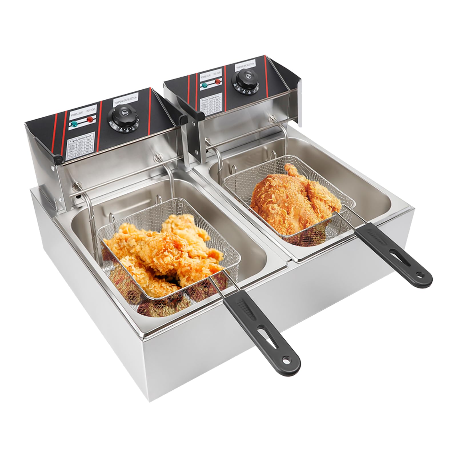 Freidora de doble tanque de acero inoxidable, 2500 W, freidora eléctrica profesional, de acero inoxidable, recipiente extraíble, termostato 60-200 °C, control independiente, 55 x 44 x 30 cm