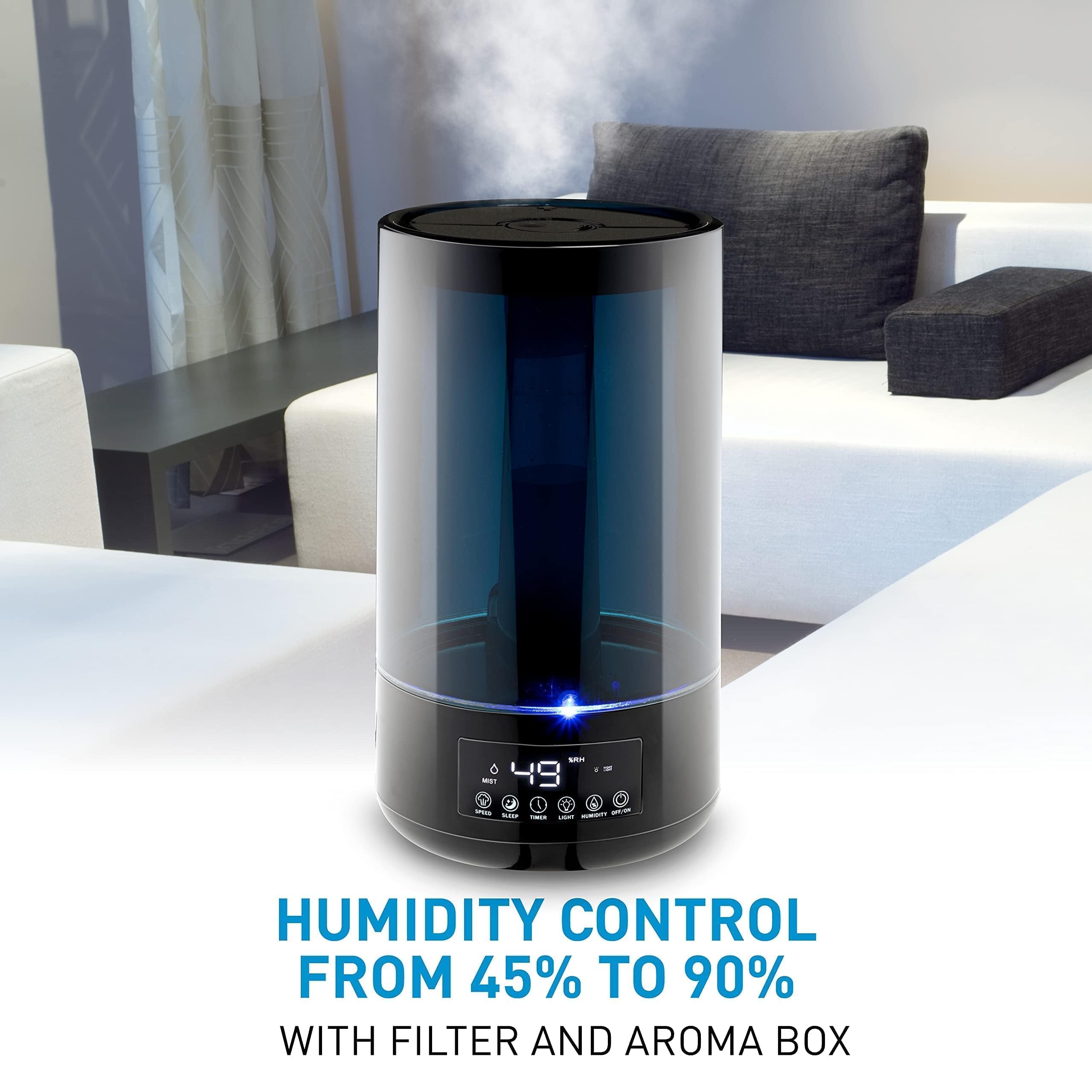 Grundig Luftbefeuchter und Aroma Diffuser 4,3L - Diffuser Ätherische Öle - Humidifier mit Hygrometer und Zeitschaltuhr - Räume der 15 zu 35m2 - mit Nachtlicht - Schwarz