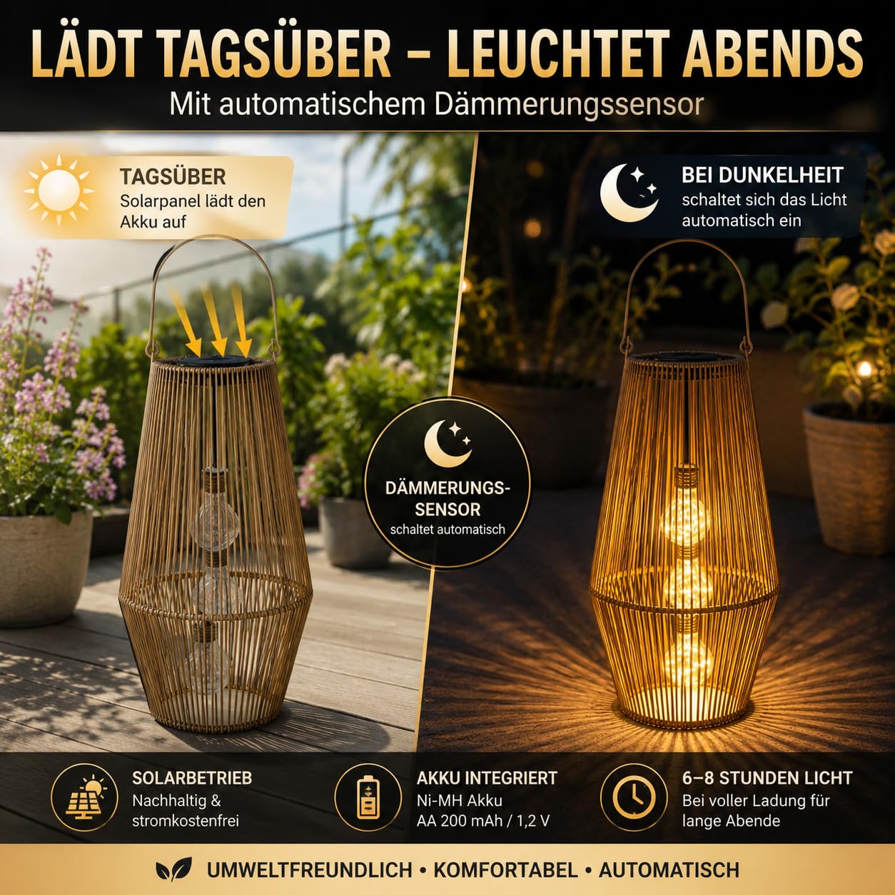 Formano Lanterne solaire d'extérieur 55 cm avec 3 LED, capteur crépusculaire, IP44, rotin