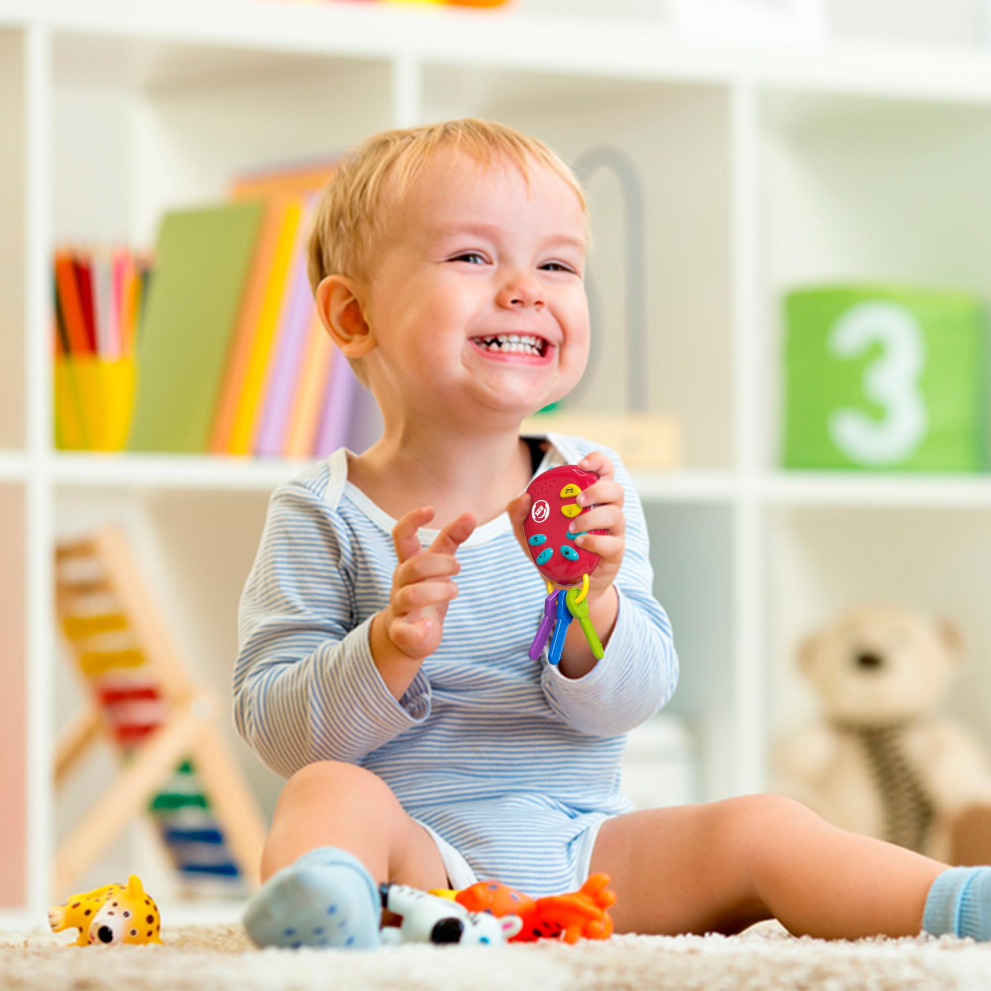 Llaves de coche para niños, juguete sensorial: llaves de dentición, sonajero de bebé, todo en uno! Juguetes sensoriales para bebés y niños pequeños. Baterías listas para aventuras incluidas 5