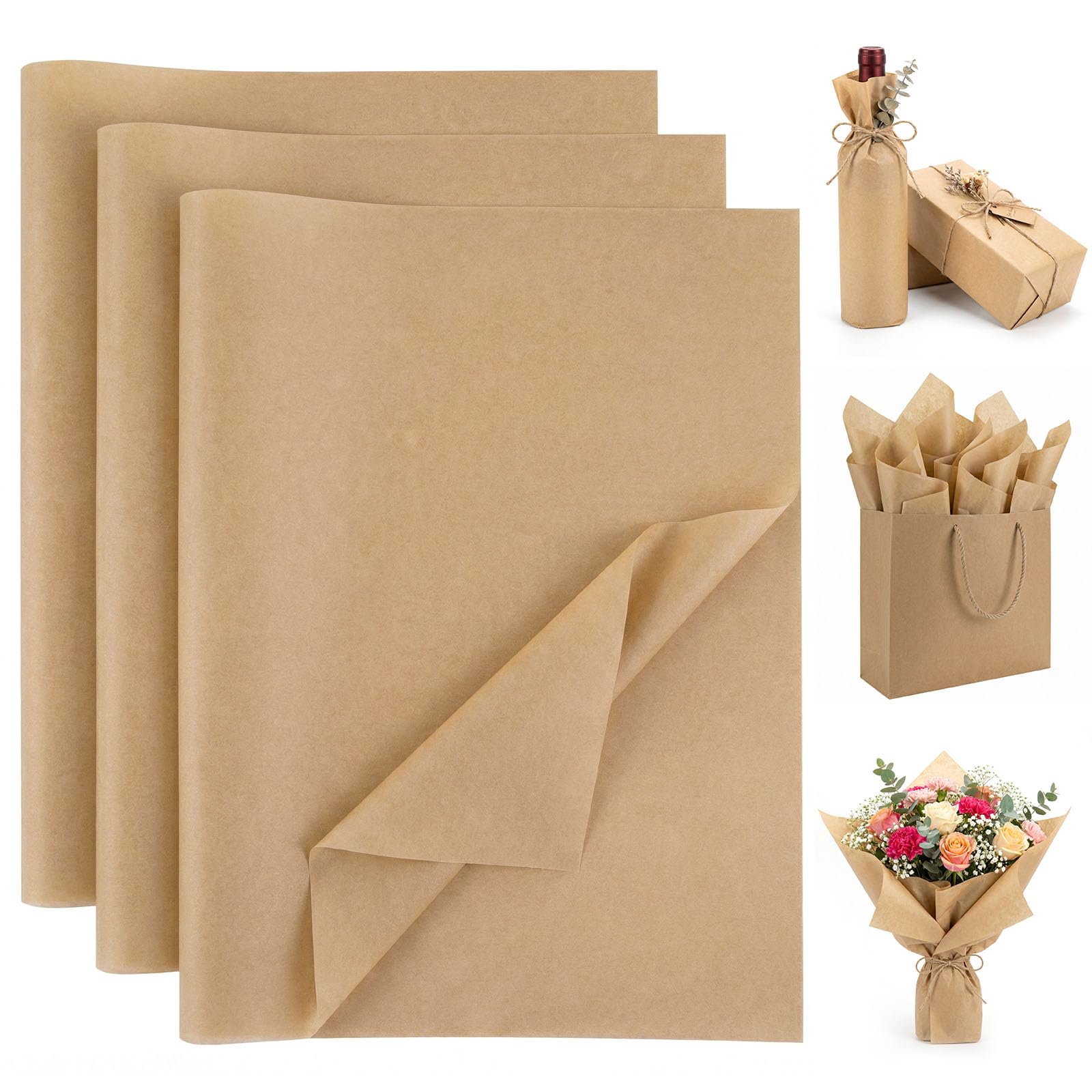 Koogel 120 Sheets Brown Tissue Paper Bulk, 14 x 20 Inch Gift Wrapping Kraft Paper for DIY Crafts Holiday Decor Birthday Party Supplies Rustic Art Project