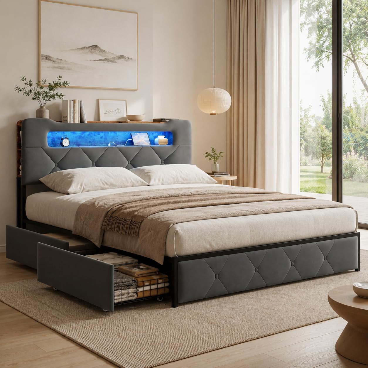 Podwójne łóżko tapicerowane 140 x 190 cm z 4 szufladami, łóżko tapicerowane 140 x 190 z portem USB, łóżka do przechowywania ze stelażem listewkowym, łóżka 2-osobowe dla dorosłych i nastolatków (szary