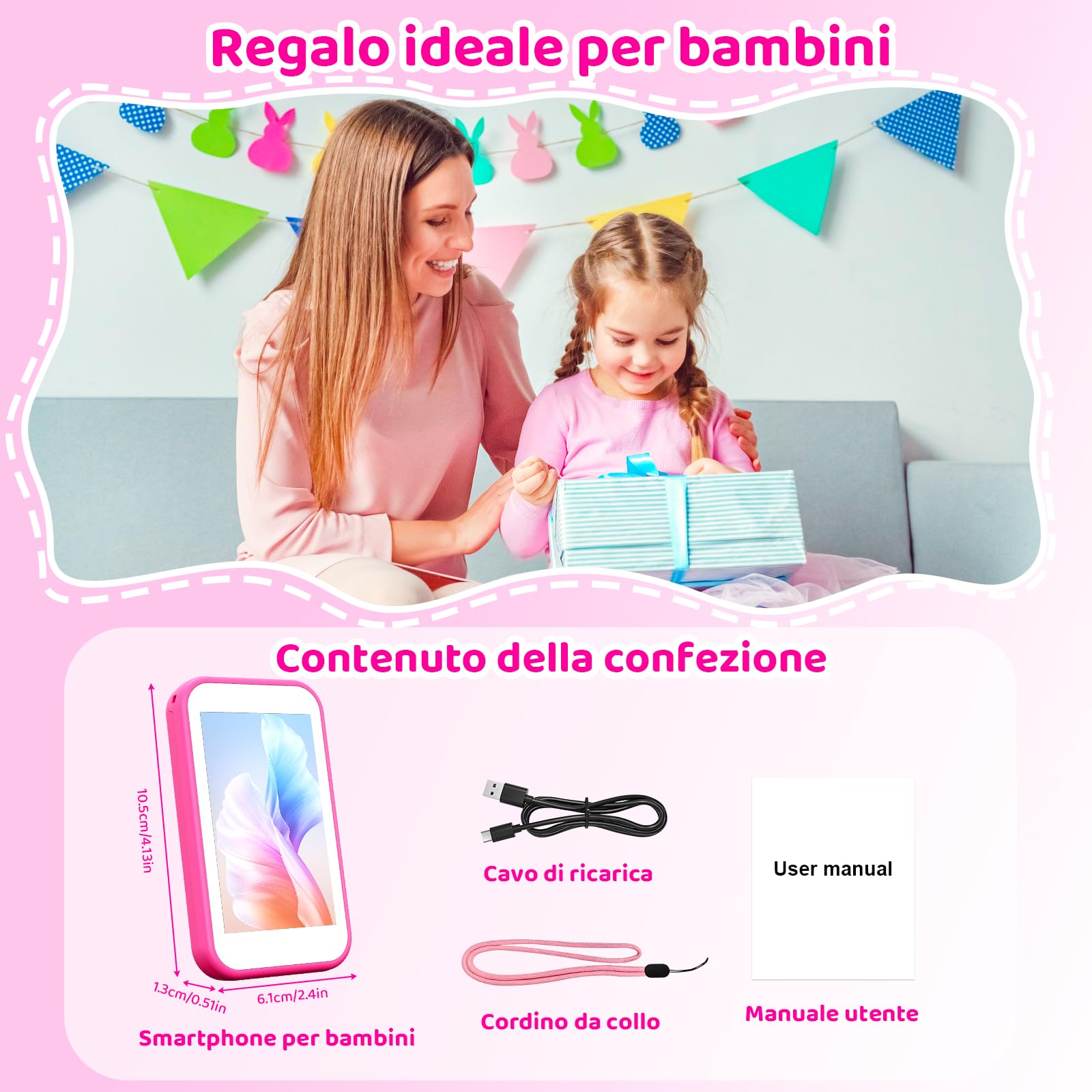 CHAKEYAKE Telefono per Bambini, Mini Smartphone Bambini Senza Contratto, Display HD da 3,5", Fotocamera, Giochi Educativi, Batteria 1000 mAh, USB-C, Regalo di Natale e Compleanno per Bambini 3-12