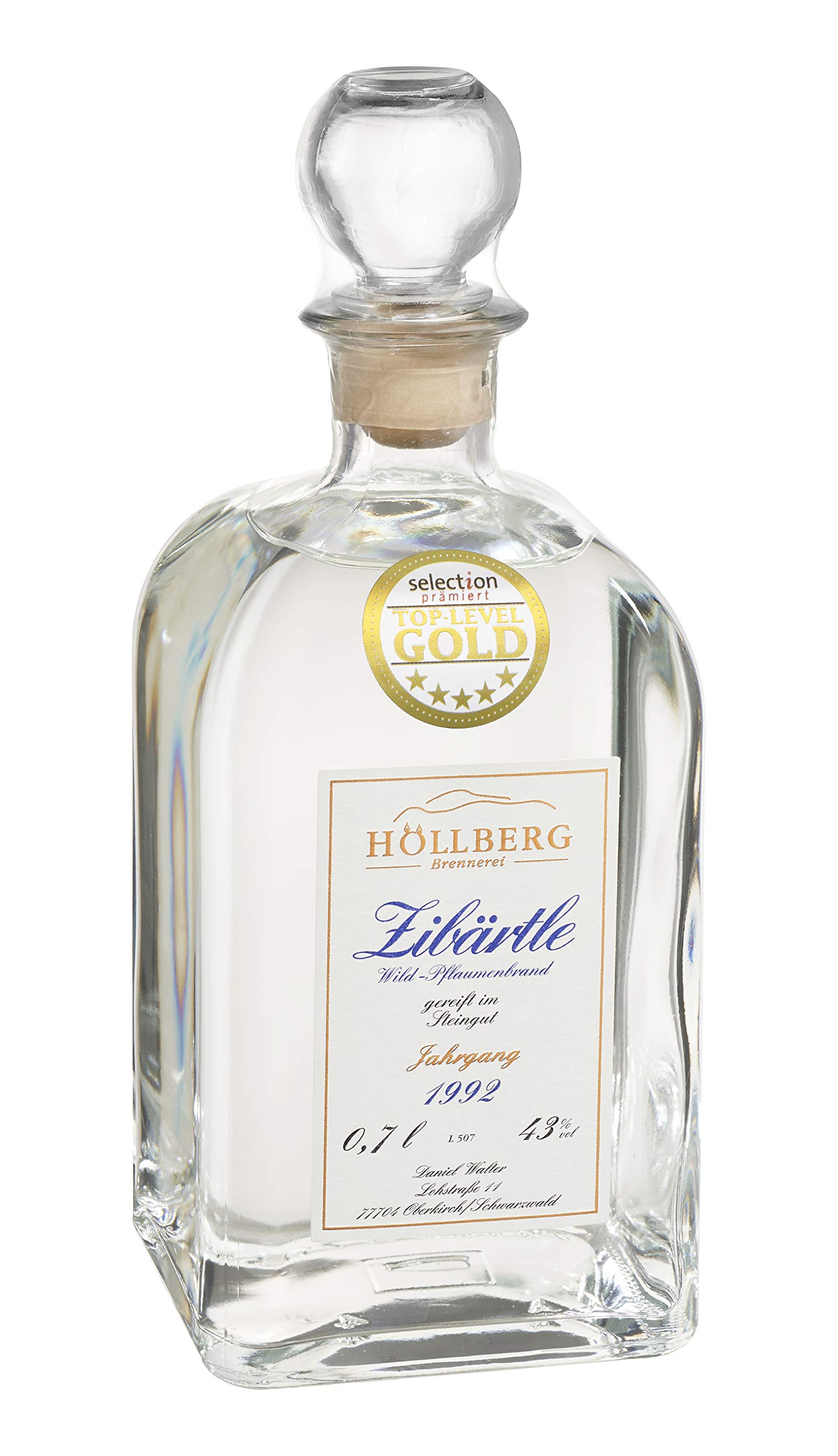 Zibärtle Carré "Höllberg" 43% vol., Jahrgang 1992, 0.7l - höchste internationale Auszeichnung (Gold Top Level) | Premium Obstbrand | Edelbrand aus Familienbrennerei