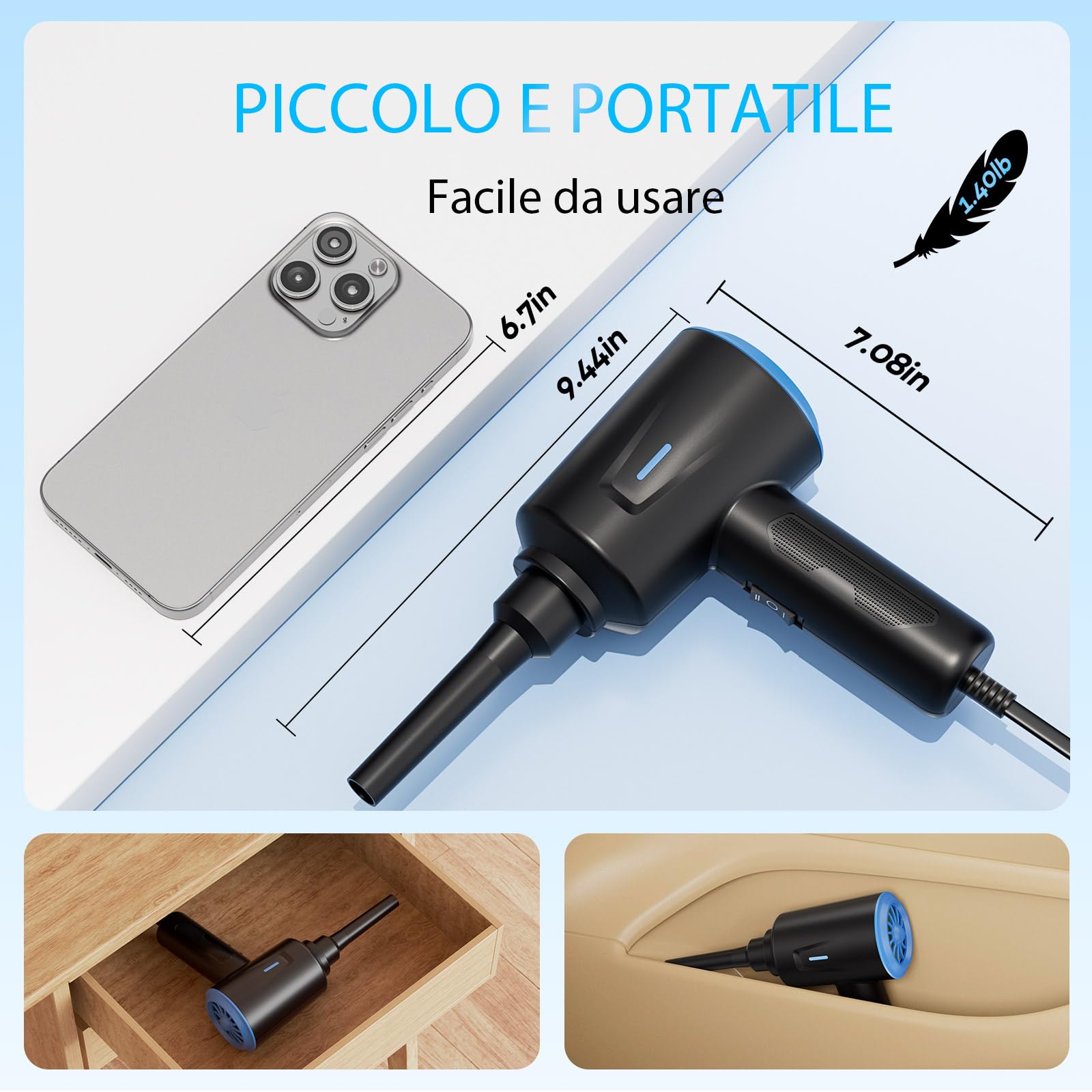 Soffiatore ad Aria Compressa - 5.74 oz Aria Compressa Spray - Aria Compressa Elettrico a 2 Velocità con per la Pulizia del PC - Divano - Tastiera - Auto