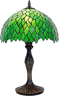 WERFACTORY Tiffany Table Lamp Green Wisteria Style Stained Glass Desk Bedside Reading Light 12X12X18 Inches Decor Bedroom Living Room Home Office S523 Series