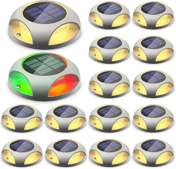 SIEDiNLAR Solar Deck Lights Outdoor LED Dock Driveway Markers Light Marine Waterproof Wireless 2 Colors in 1 for Pathway Walkway Stair Step Sidewalk Yard 16 Pack (Warm White/RGB Color Changing)