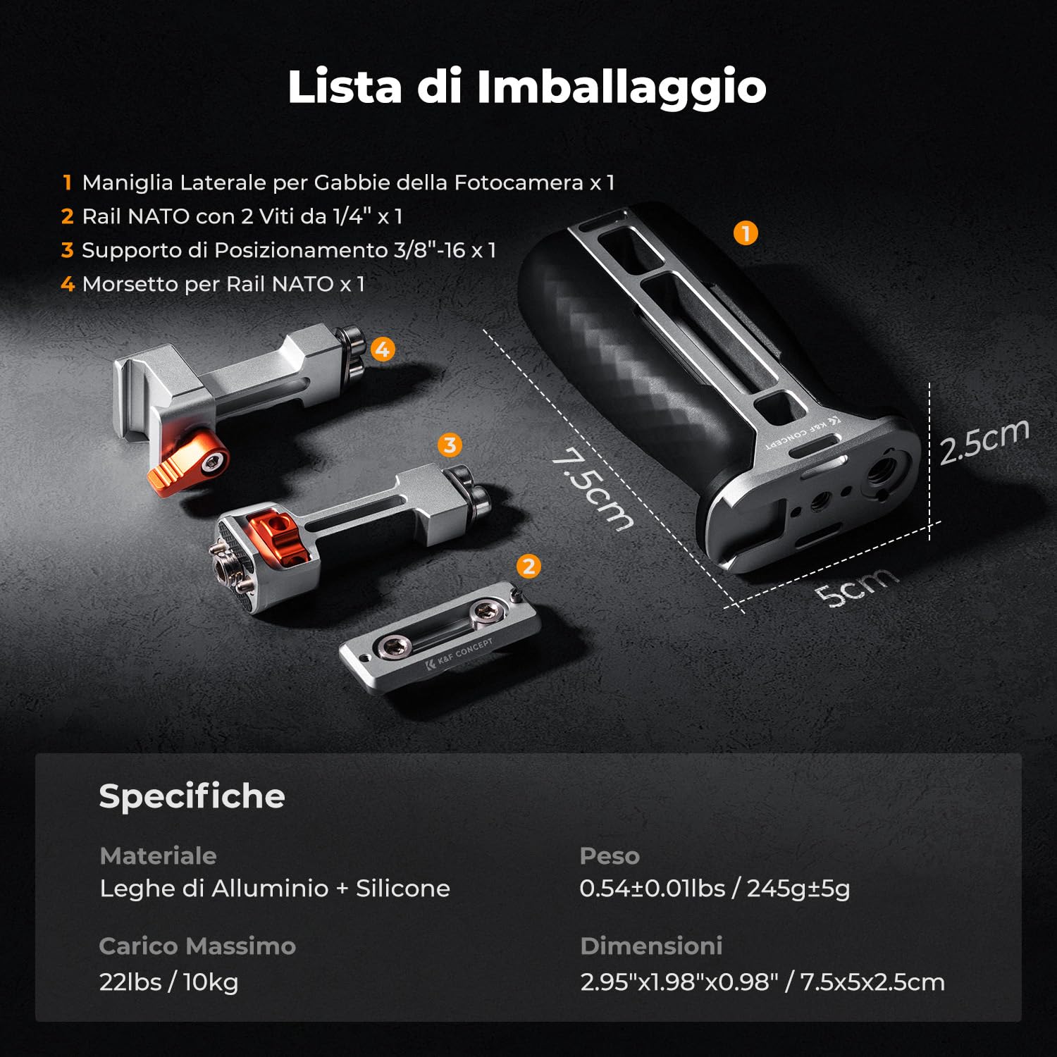 K&F CONCEPT Maniglia Laterale NATO per Gabbie per Fotocamera, Side Handle Ergonomica Universale Regolazione Su/Giù da 40MM con Interfacce Coldshoe Filettatura da 1/4" 3/8"
