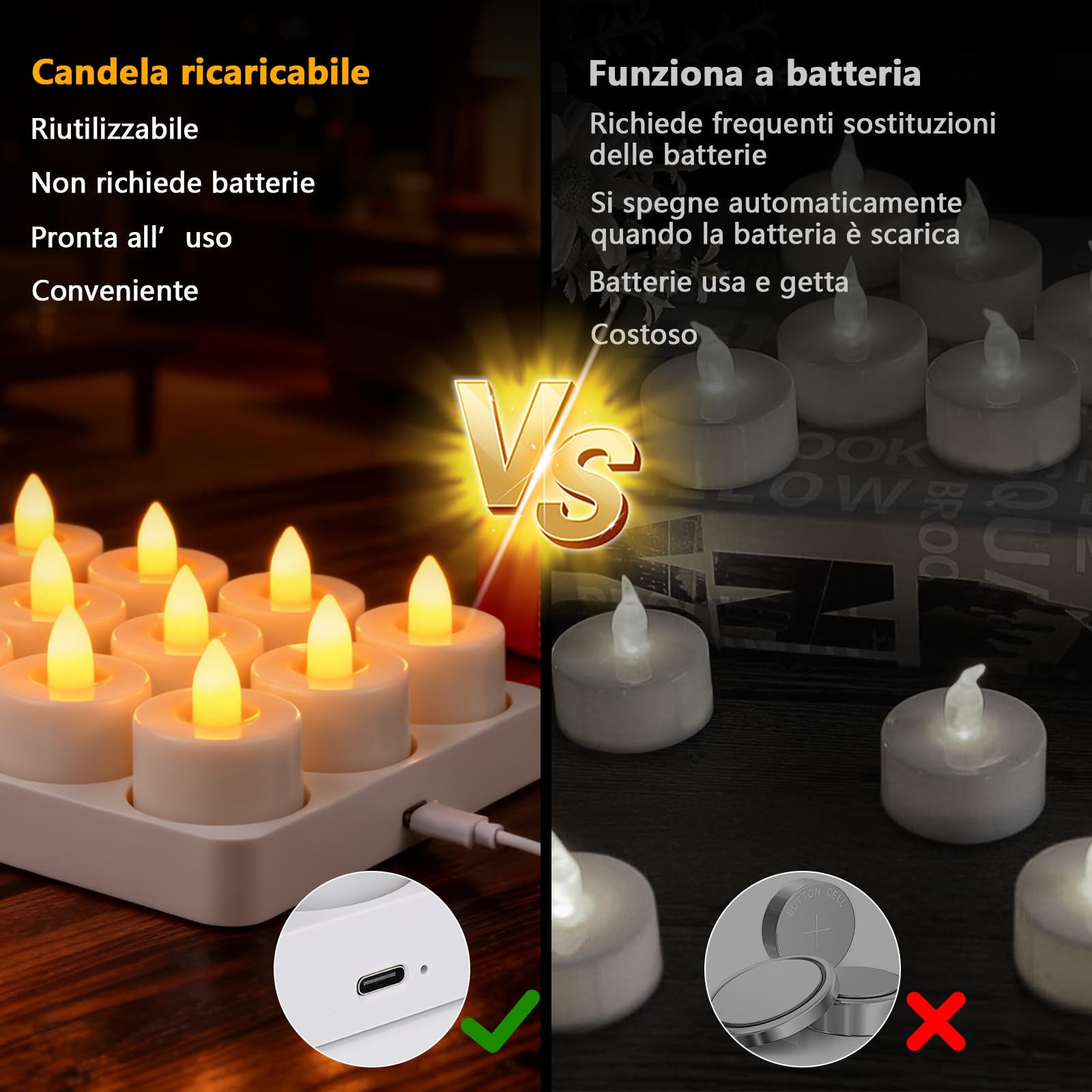 12 Pezzi Candele LED Ricaricabili, Ricaricabili Tea Light con Stazione di Ricarica & Telecomando, Luci Tè con Timer e Fiamma Tremula Realistica, Decorazioni Sicure per Casa, Natale, Matrimonio e Feste