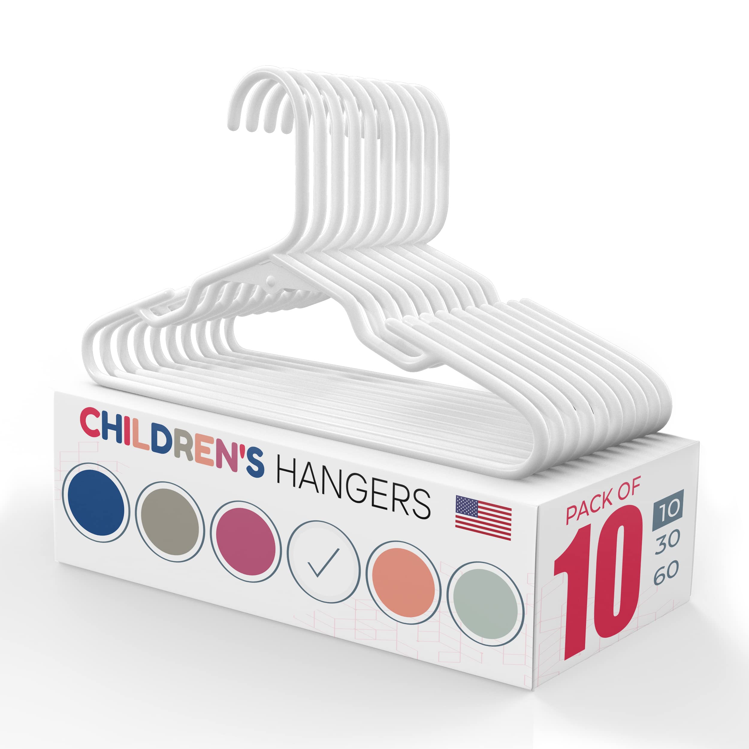 USA-Made Kids Hangers Plastic White (10, 30, 60, 120 Packs) Non-Slip Toddler Kid & Baby Hangers for Closet, Slim Children's Hangers for Clothes with Notches, Best Kids Plastic Hangers 20 Pack)
