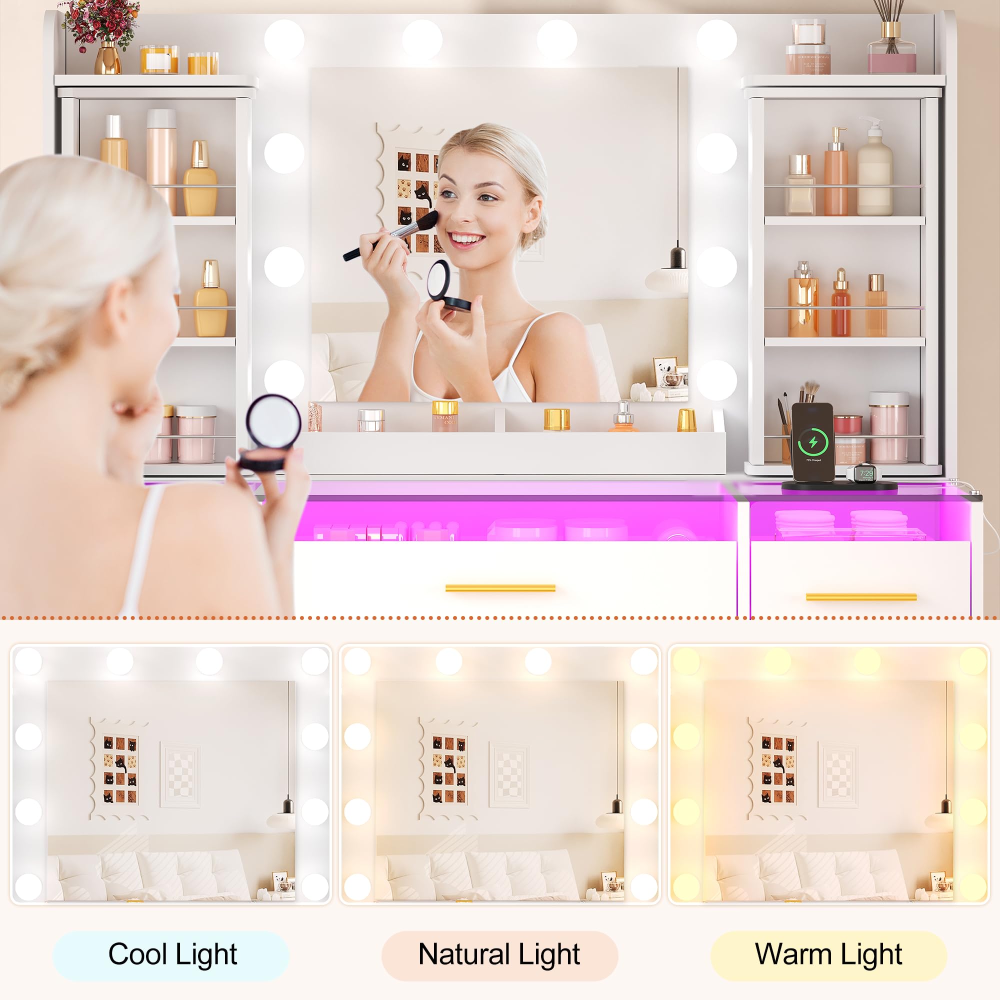 Tocador de Maquillaje con Organizador de Joyas Giratorio de 360° | Luces LED, Mesa de Maquillaje con Tablero de Vidrio,9 Cajones RGB,8 Estantes, Tocador con Enchufes Moderno Blanco EXFST005W