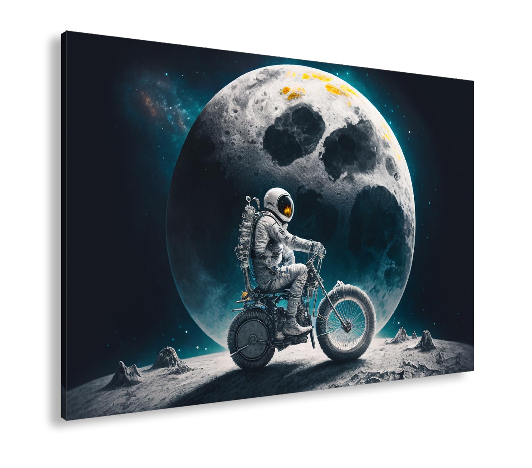 deyoli Obraz na płótnie astronauta na motocyklu przed ogromną pełnią księżyca format: 80 x 60 cm XXL druk artystyczny obraz na blejtramie/obraz ścienny/dekoracja salonu