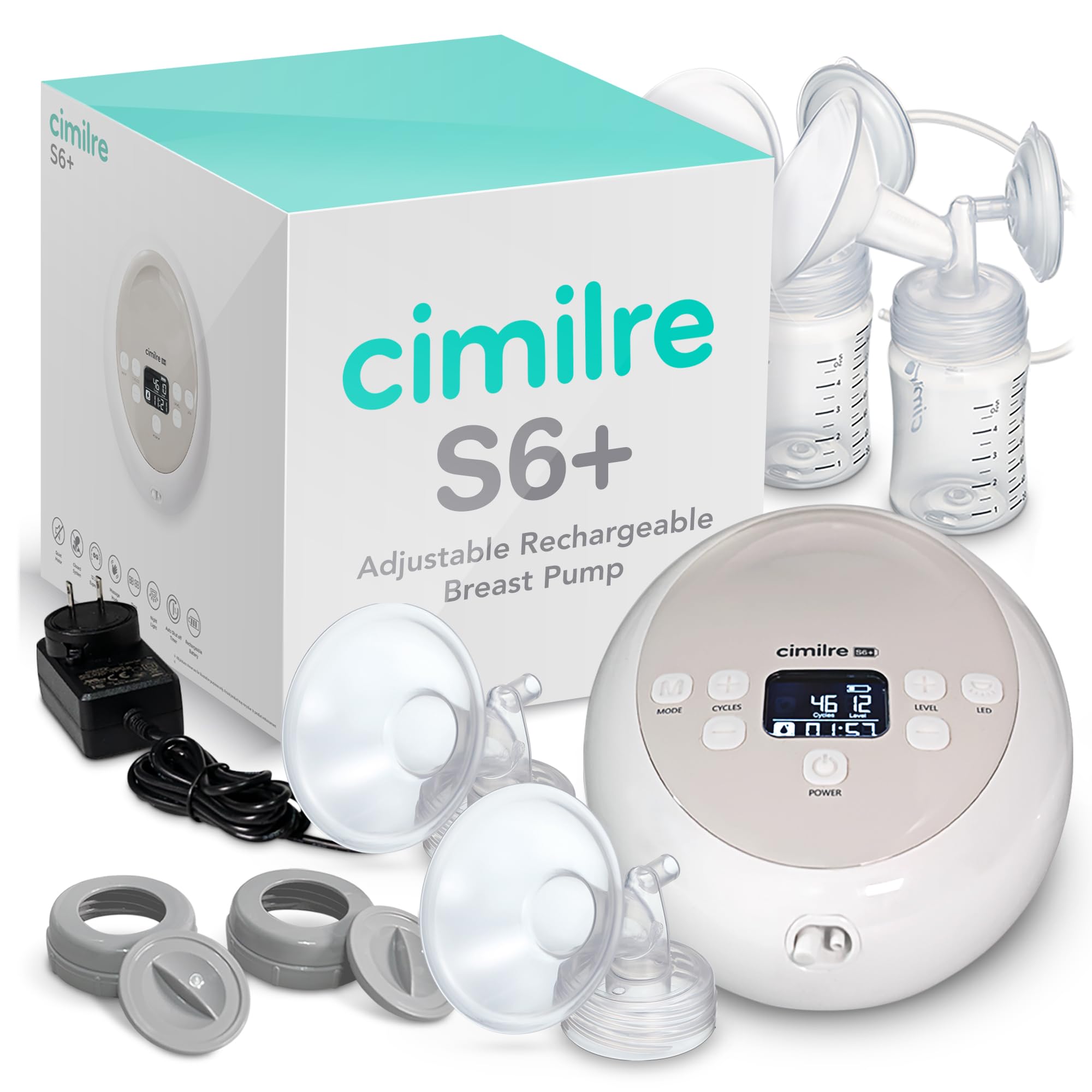 Cimilre S6+ Adjustable Rechargeable Breast Pump, Customizable Pump Sessions with Multiple Cycle Speeds & Hospital Strength Suction Levels, Double Electric Breast Pump