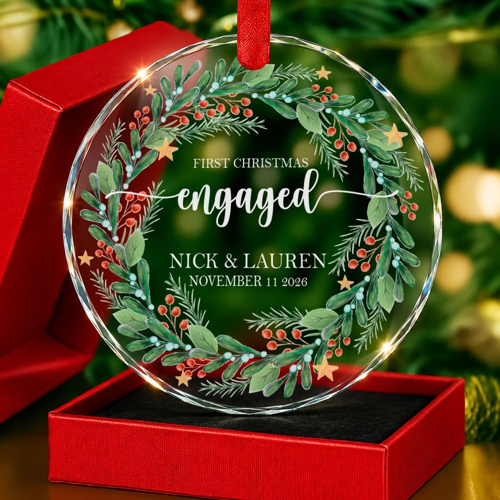Personalized First Christmas Engaged Crystal Ornament - Custom Wedding Ornaments, Newly Married Glass Bauble, Gifts for Wedding Day, Bridal Shower Gift, Mr &amp; Mrs Christmas Keepsake, Gift for Her/Him