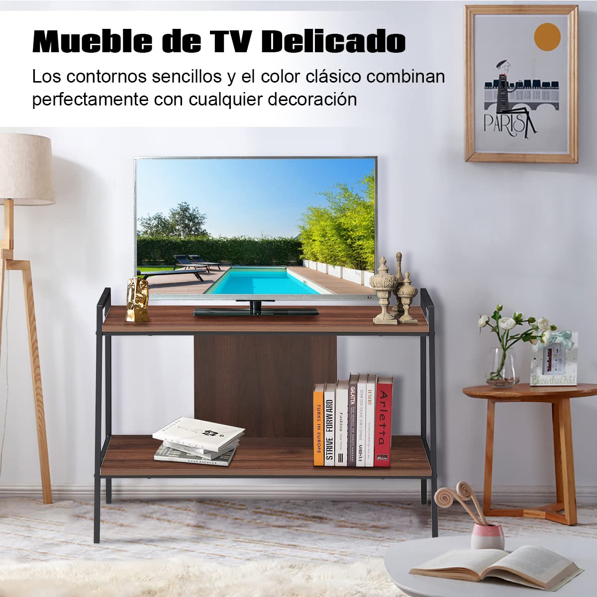 COSTWAY Mesa de TV, Centro de Entretenimiento de TV, Mesa Multimedia de Madera de 2 Niveles, para TV de hasta 32 Pulgadas, 89 x 43 x 60 cm, Nogal