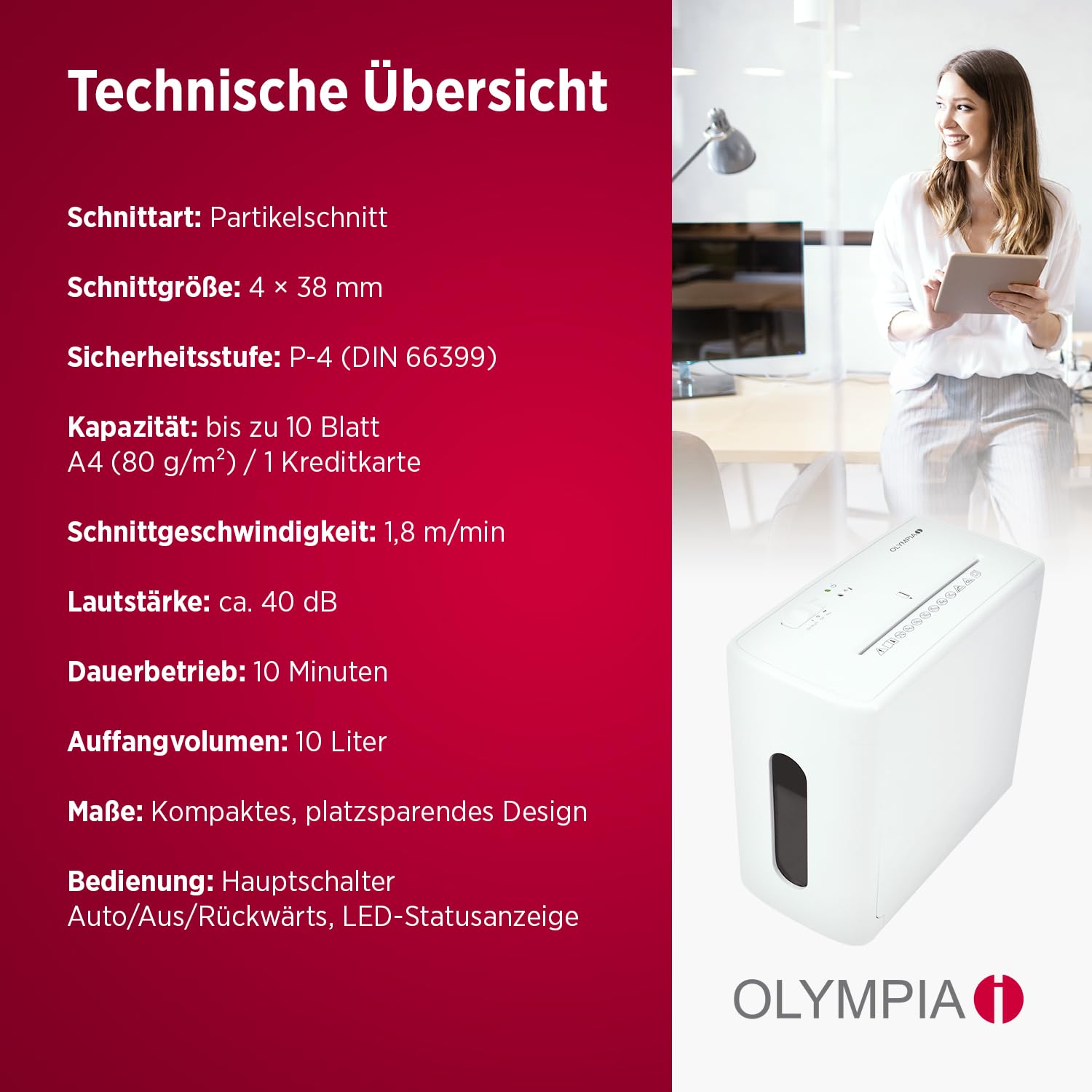 Olympia CC1010S Aktenvernichter 10 Blatt P4 Partikelschnitt – Leiser Papierschredder für Büro & Home Office – Dokumente, Kreditkarten & Papier sicher schreddern – 10 L Auffangbehälter
