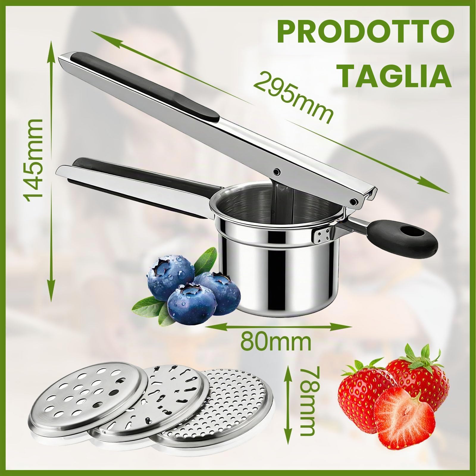 Schiacciapatate Acciaio Inox con 3 Setacci Spaetzle Intercambiabili per Purè di Patate Frutta Verdure