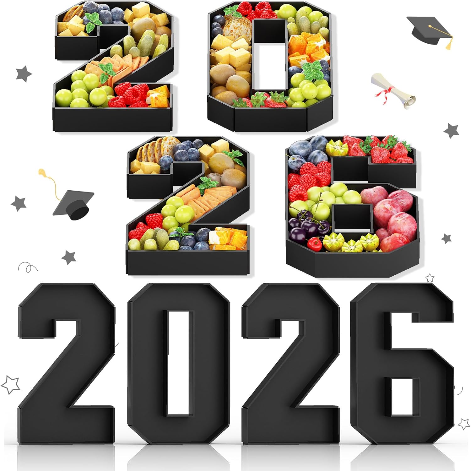 2026 Numbers for Charcuterie Fillable Cardboard Number 13.8'' Black 2026 Shaped Board Trays for New Year Graduation Party Decorations Food Candy Paper Mache Cupcake Pans Cookies Box Container