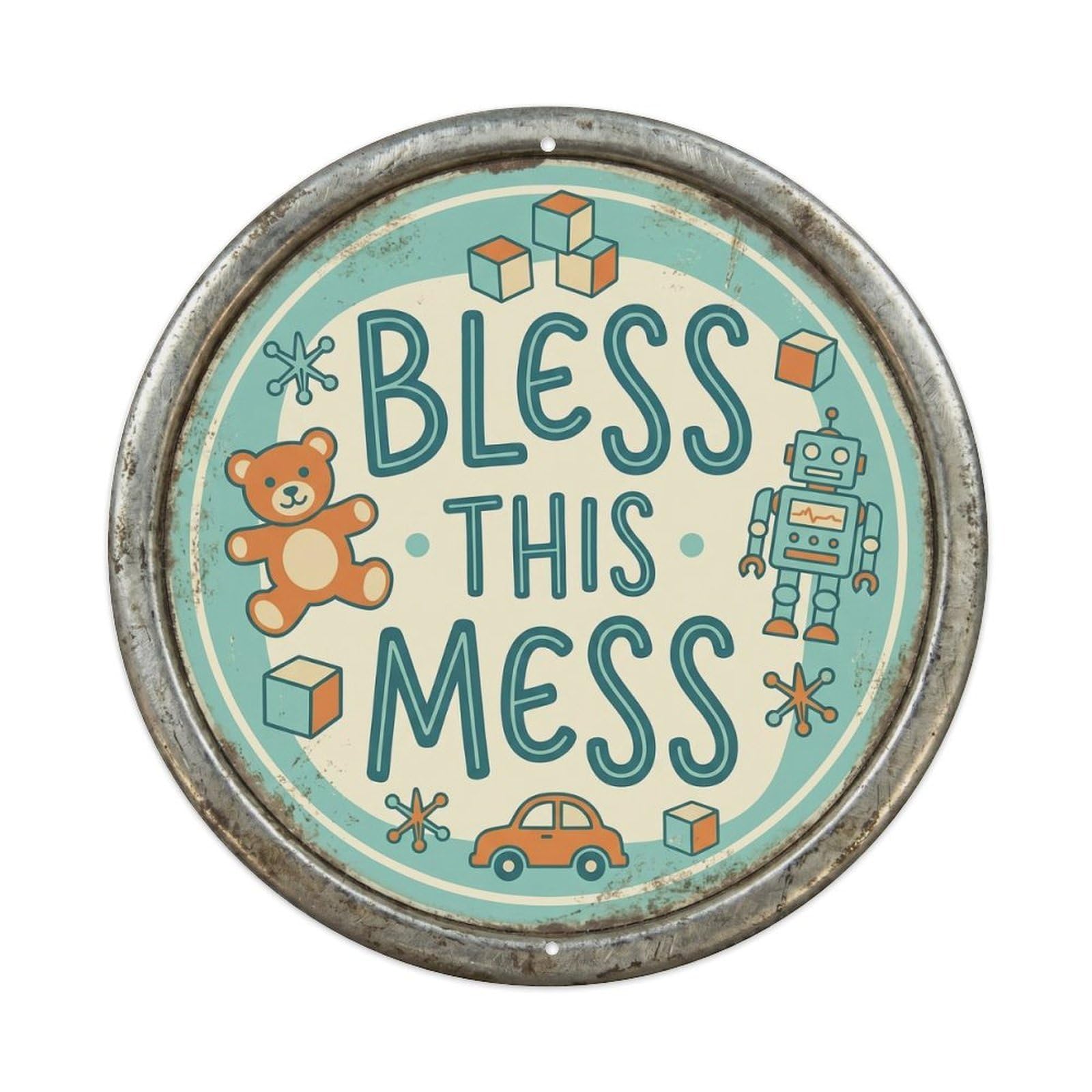 Cmhok Vintage Style Bless This Mess Nostalgic Indoor Ornament Retro Slogans Metal Tin Sign Plaque Wall Decor For Cafe, Club, Garden Round Metal Poster 8X8inch