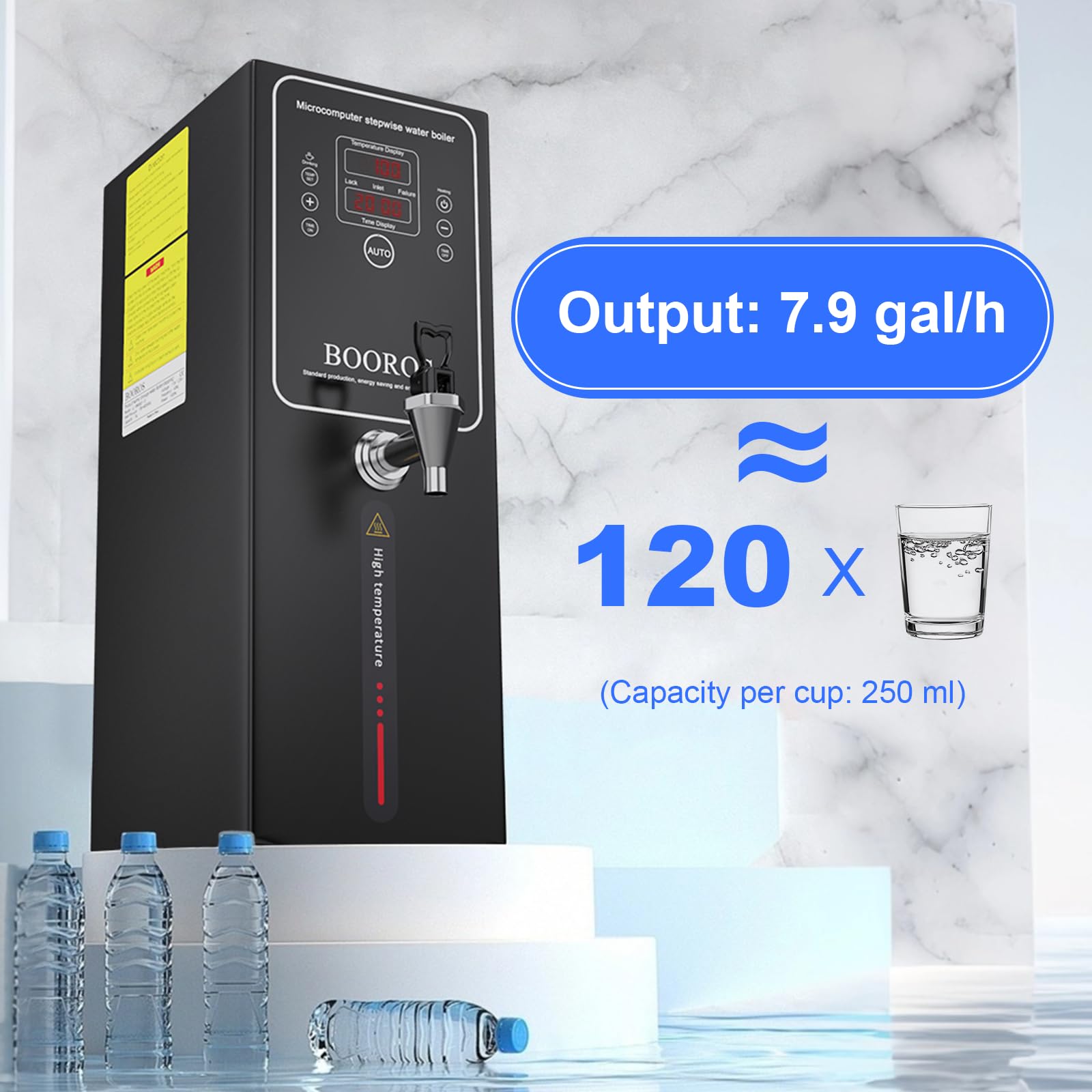 BOOROS Dispensador de agua caliente, negro, caldera de agua comercial de 10 litros de 2500 W, calefacción paso a paso de 30 l/hora, control de temperatura de 40 a 100 °C para restaurante, hotel
