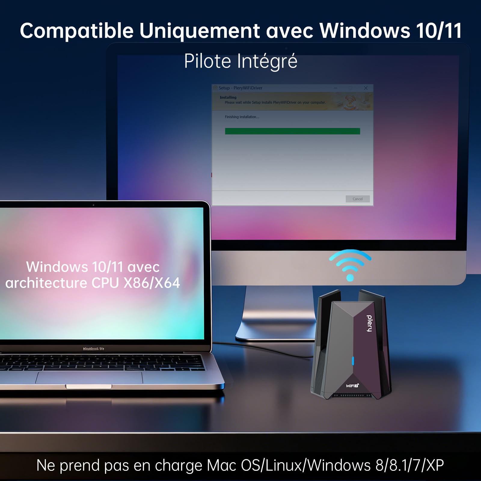 BE6500 Mbps Clé WiFi 7 Puissante Tri-Bande Clé USB WiFi pour PC | 6GHz/5GHz/2,4GHz, Type-C vers USB 3.0 Longue Portée Antenne Carte WiFi Compatible avec Windows 11/10, WPA3, Pilote Intégré