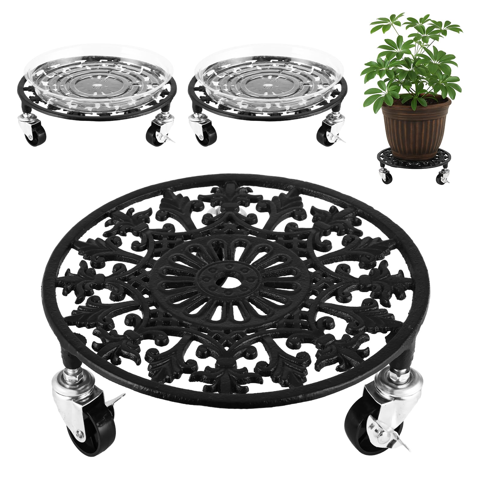 Photo 1 of 2 Pack Plant Caddy with Wheels 14 Inch Rolling Plant Stand for Large Plants Heavy Duty Plant Rollers Metal Plant Dolly Rustproof Planter Stand Wrought Iron Plant Stands Flower Cart Indoor Outdoor