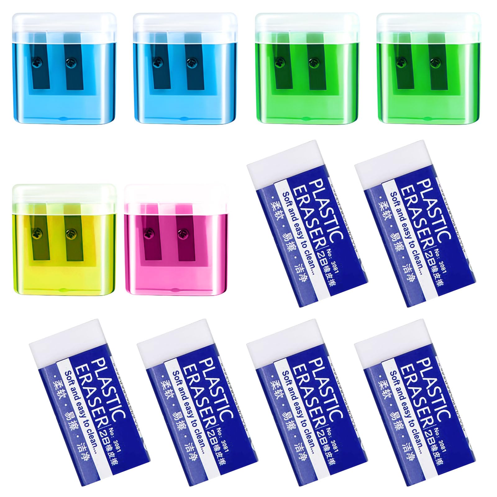 6 PCS Manual Pencil Sharpeners, Colorful Dual Holes Pencil Sharpener for Kids and 6PCS White Plastic Eraser, for Kids Students School Home Office