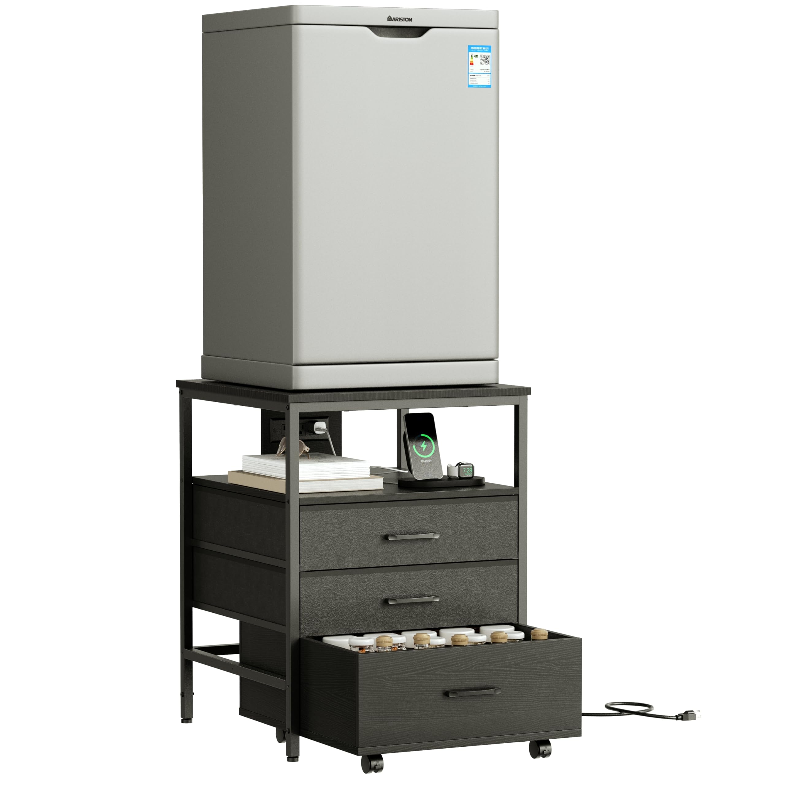 Mini Fridge Stand with Storage, Ergonomic 4-Tier Organizer Mini Fridge Table with Power Outlet and Rolling Cabinet, Heavy-Duty Refrigerator Stand for Home and Office, Black HB02BXB