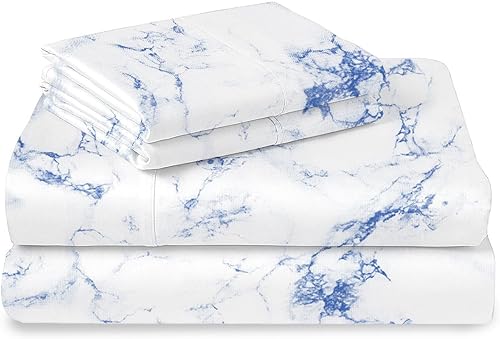 Pizuna Sábanas de algodón con estampado de mármol azul Carrara para cama corta tamaño Queen, 400 hilos, sábanas de satén 100% algodón de fibra