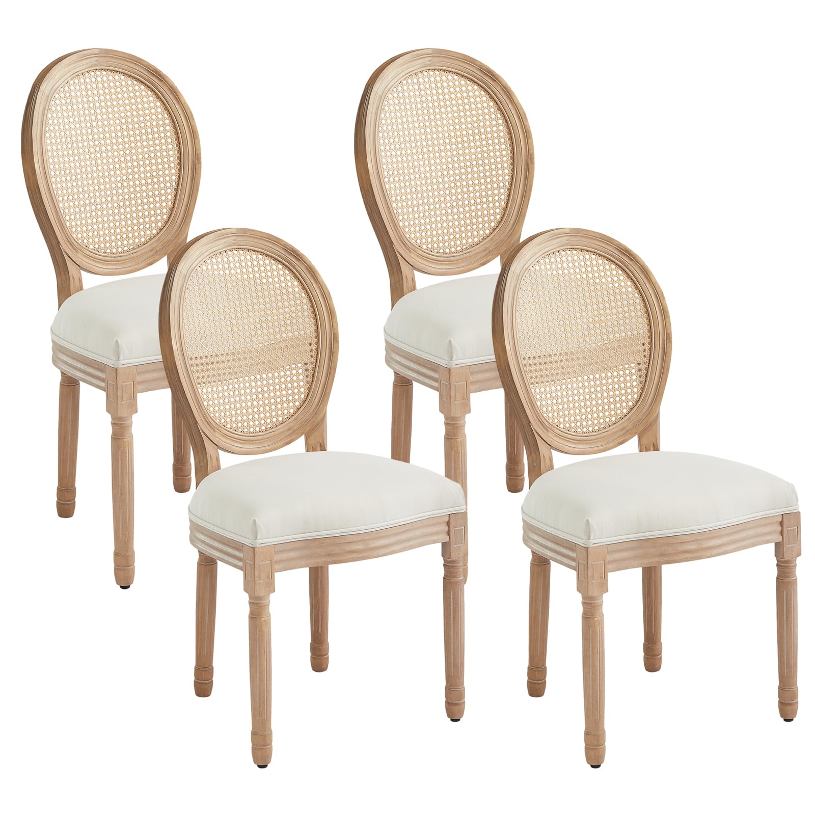 Virabit French Dining Chairs Set of 4, Hand-Woven Rattan Farmhouse Upholstered Dining Chairs with Curved Backrest and Beautifully Carved Solid Wood