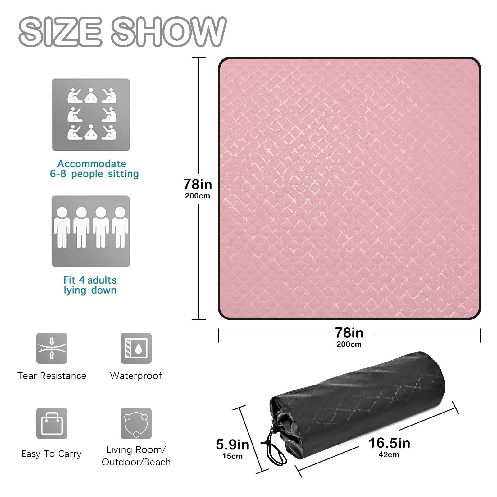 Juego de picnic impermeable de color rosa claro, color liso, XXL, accesorios de picnic al aire libre para artículos de picnic en el suelo, manta para picnic