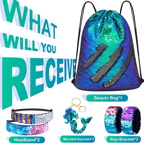 Miniatura 7 de Mermaid Reversible Sequin Drawstring Backpack Christmas Gift Party Bag Headband Keychain Bracelet for Kids Girls Birthday