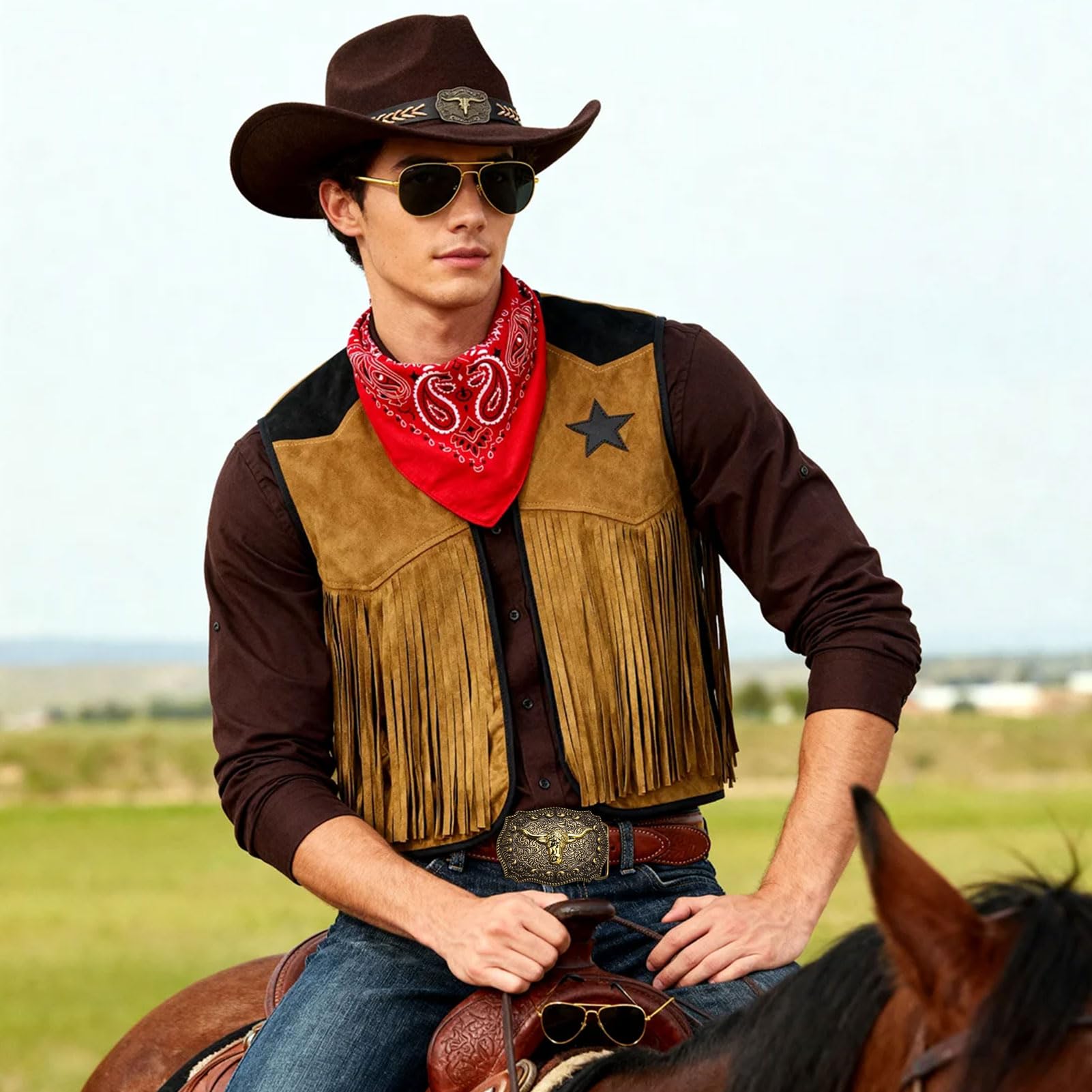 GEMAKA 6Pcs Cowboy Outfits Mens Fancy Dress Accessory Set Western Costume with Hat Tasseled Vest Paisley Bandanna Western Bolo Buckle Belts for Halloween Cosplay (Medium) - Image 4