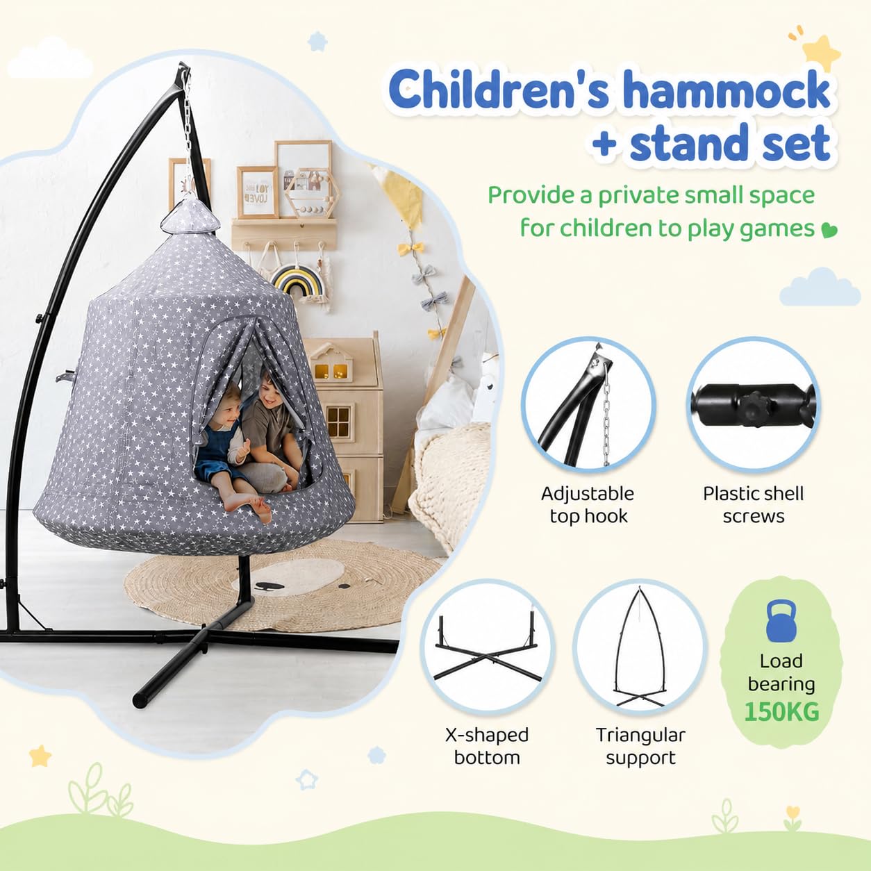 MAMIZO Fauteuil Suspendu extérieur et intérieur,Balançoire Nid d'Oiseau avec Tente,Hamac sur Pied,Fauteuil Relax de Jardin avec lumières LED,capacité de Charge 150 kg,Grau