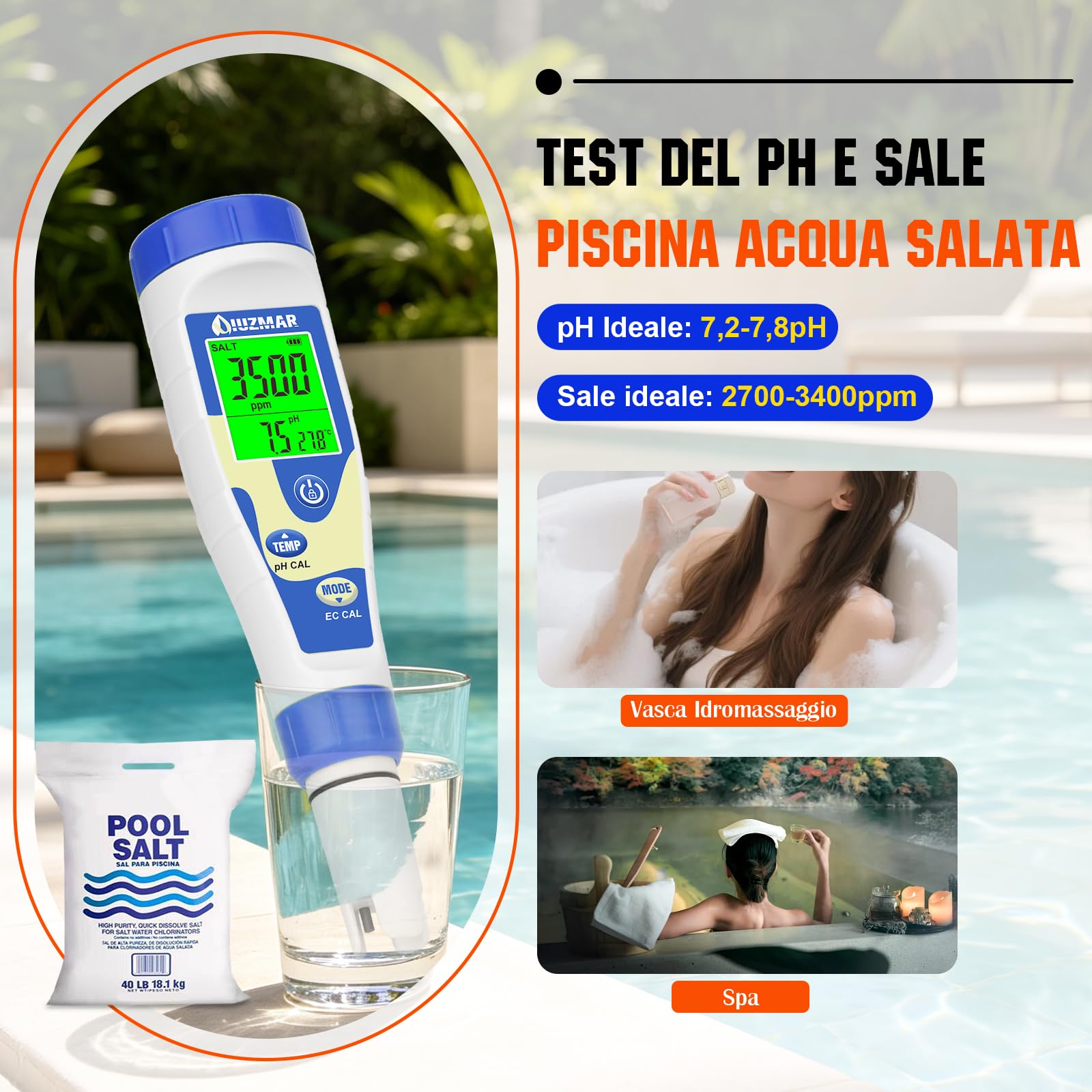 UIUZMAR Misuratore Salinita e pH Piscina Acquario Marino Digitale, 5 in 1