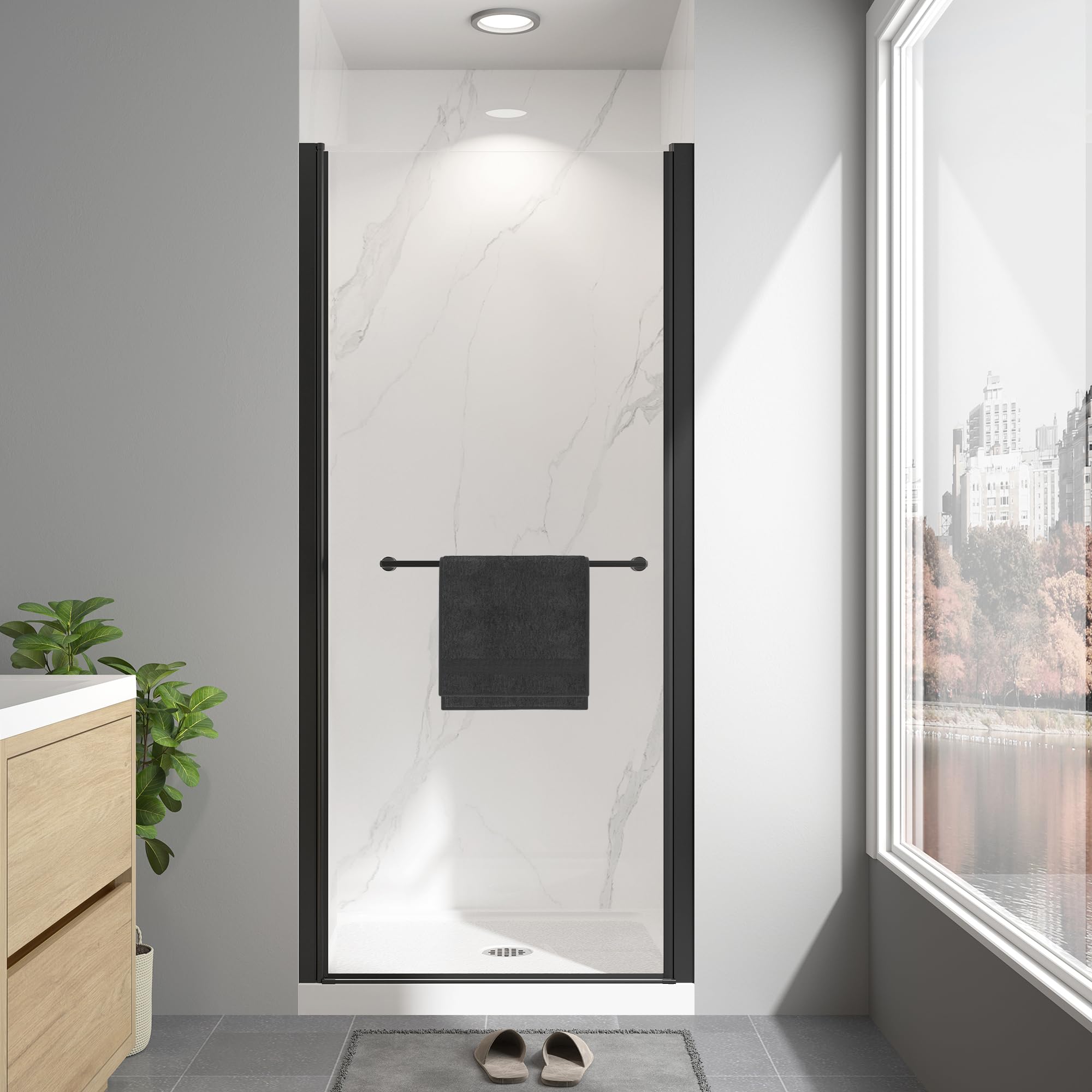 frameless pivot shower door 34"-36" w x 72" h, swing shower glass doors with nano explosion-proof film tempered glass 1/4"(6mm) reversible installtion, matte black finish