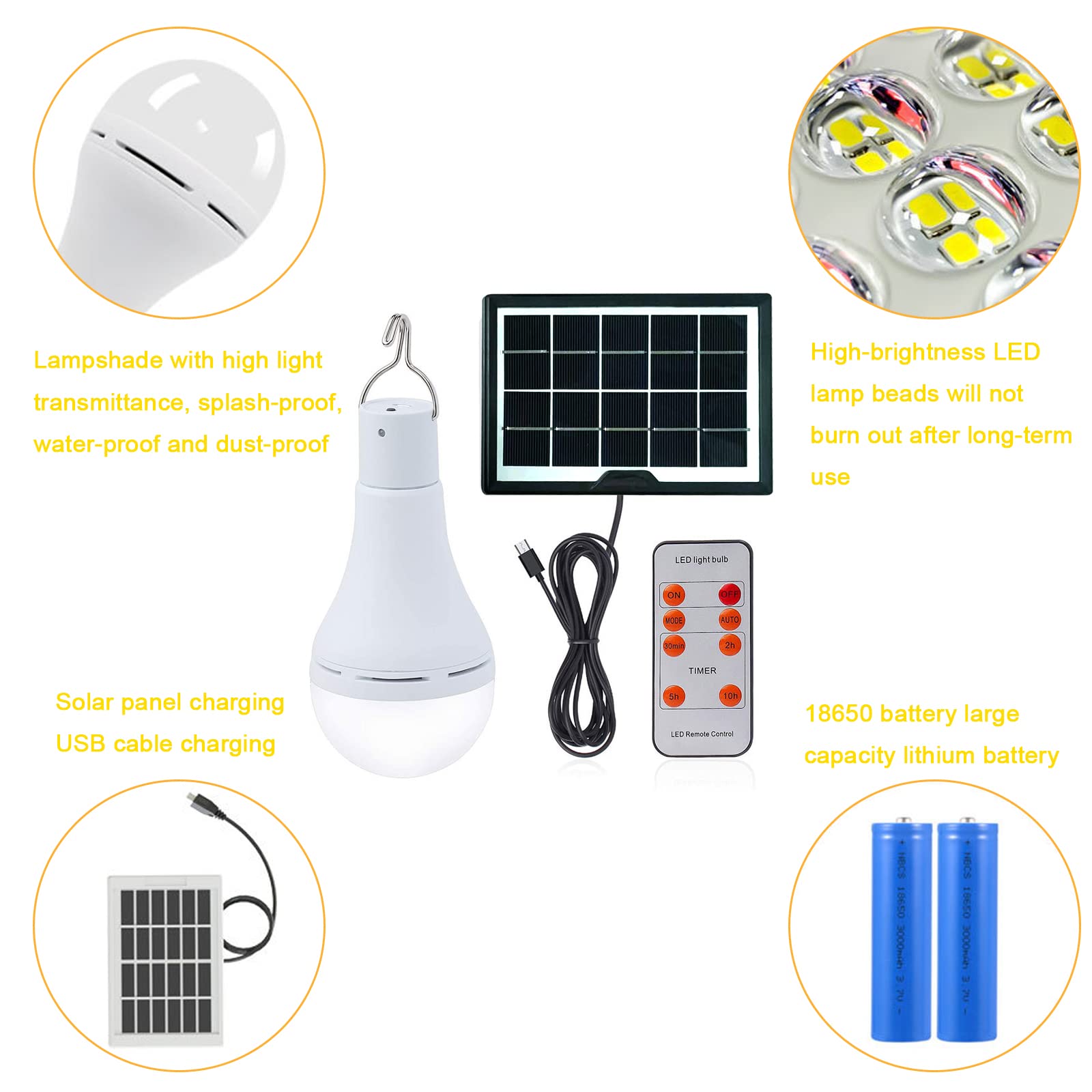 Lampadina a LED a energia solare, da 9 W, con telecomando e 3 modalità, 350 lumen, con carica USB, per giardino, patio, escursionismo, campeggio, pesca, illuminazione